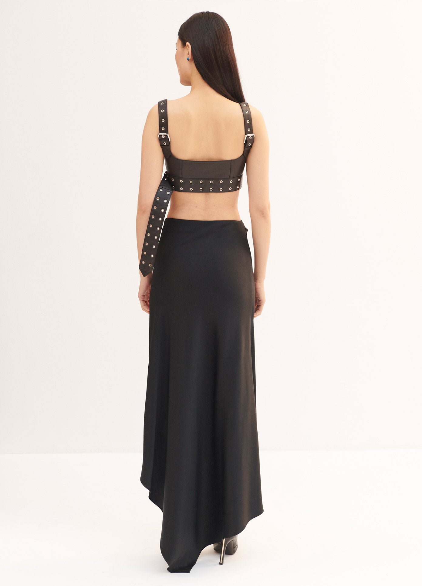 MONSE Satin Long Draped Skirt in Black on Model Full Back View