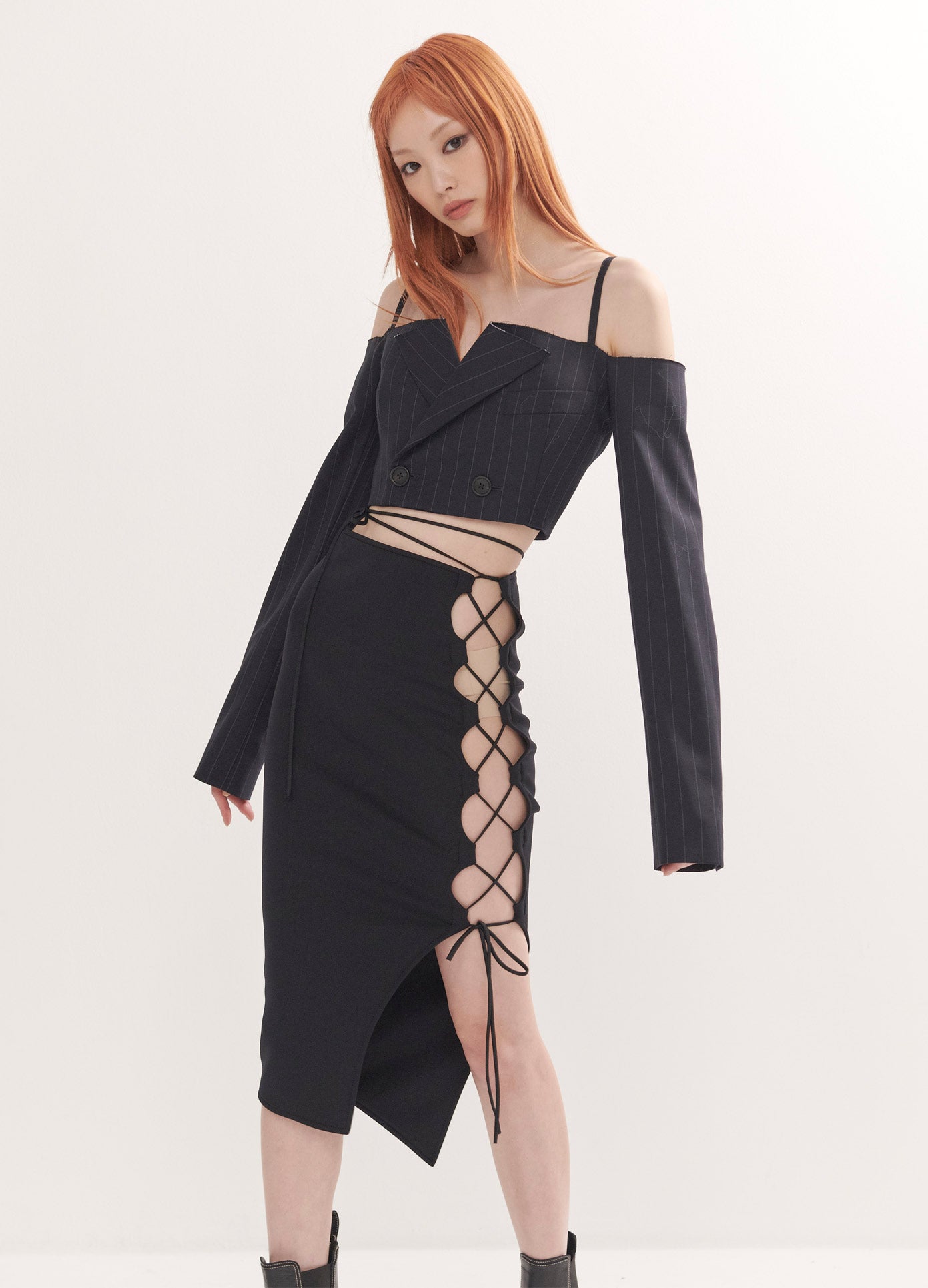 MONSE Scuba Side Laced Detail Skirt in Black on Model Front View