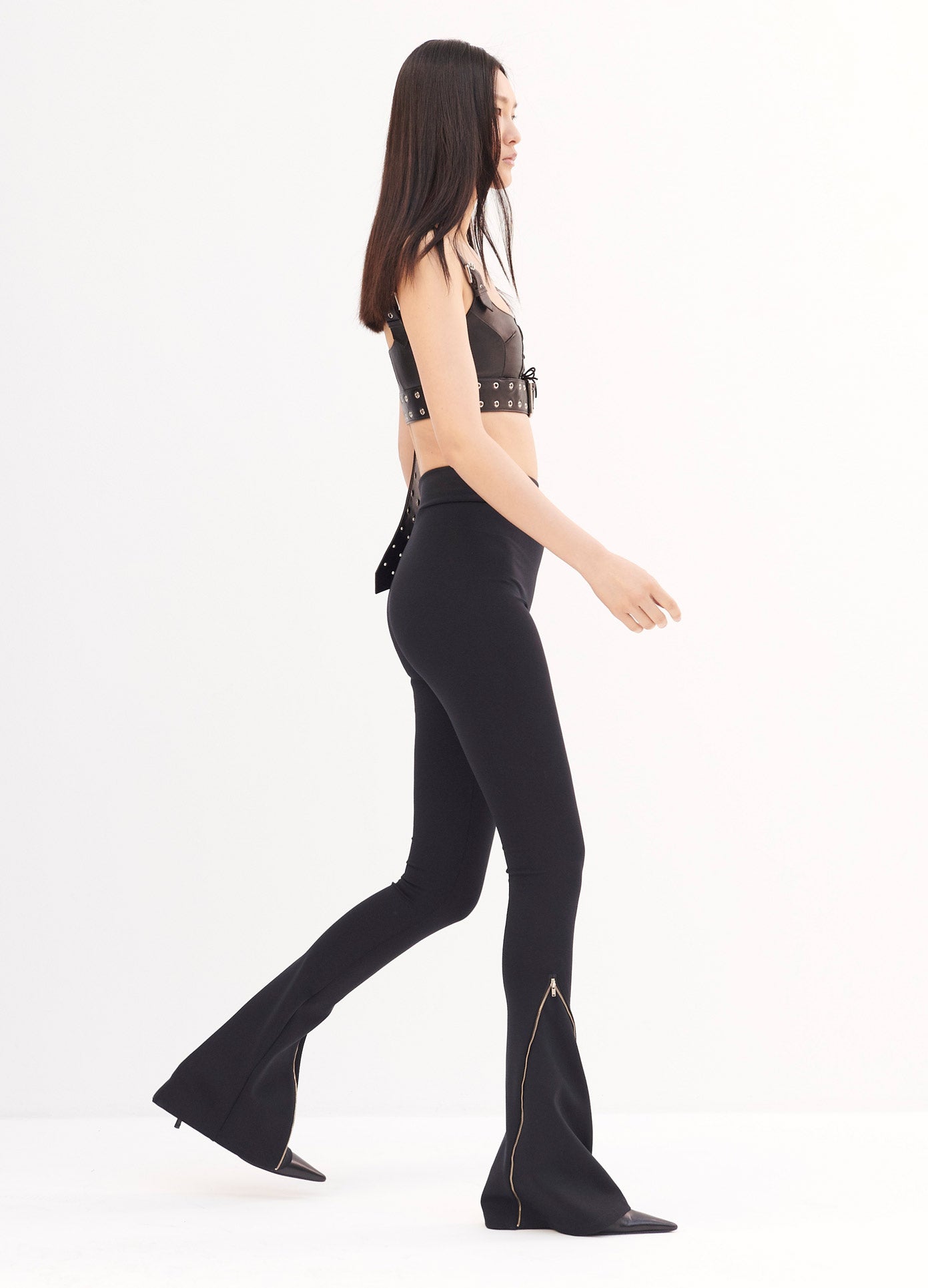 MONSE Scuba Zipper Detail Leggings in Black on Model Walking Full Side View