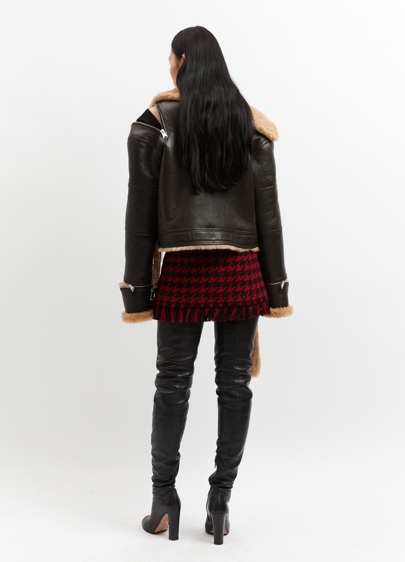 MONSE Shearling Jacket in Dark Brown and Ivory on Model Full Back View