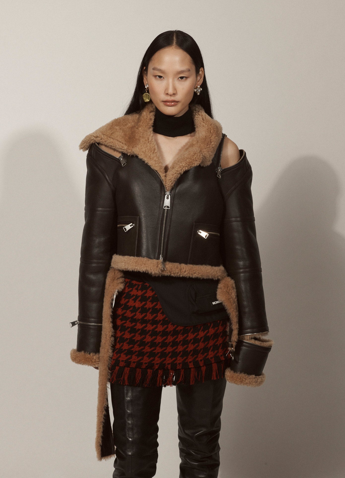 MONSE Shearling Jacket in Dark Brown and Ivory on Model Lookbook Front View