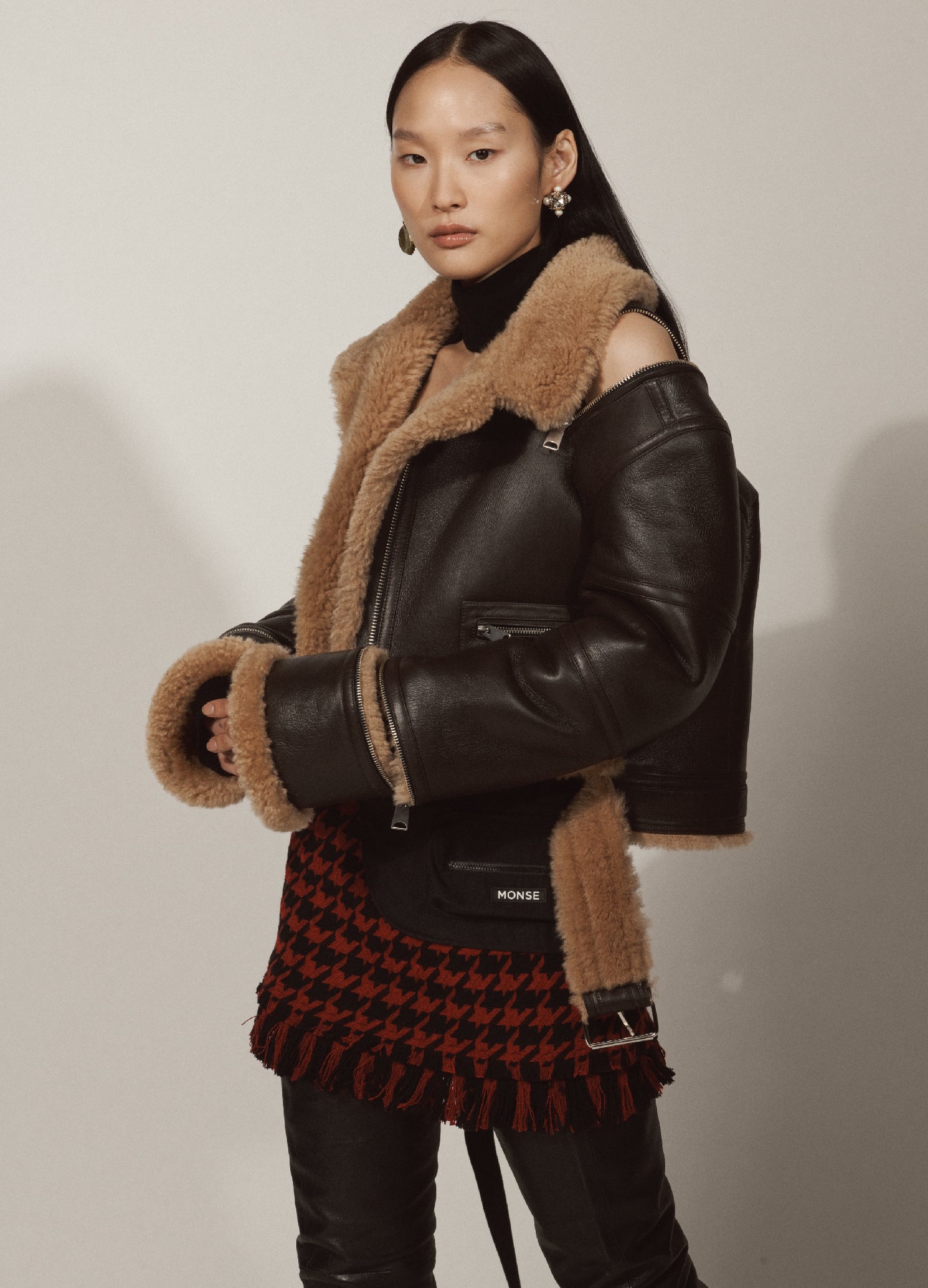 MONSE Shearling Jacket in Dark Brown and Ivory on Model Lookbook Side View