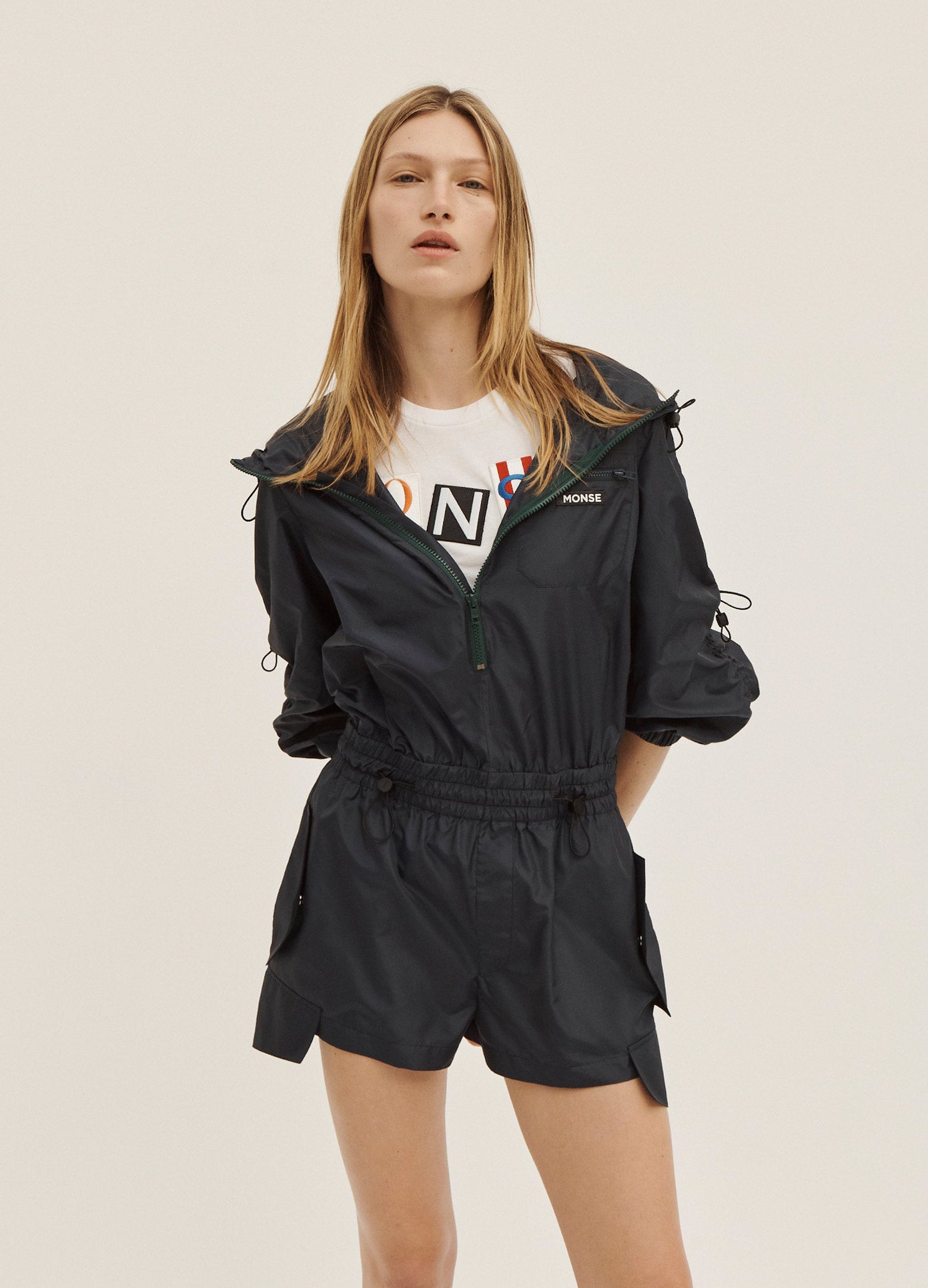MONSE Short Hooded Jumpsuit in Midnight on Model Front View
