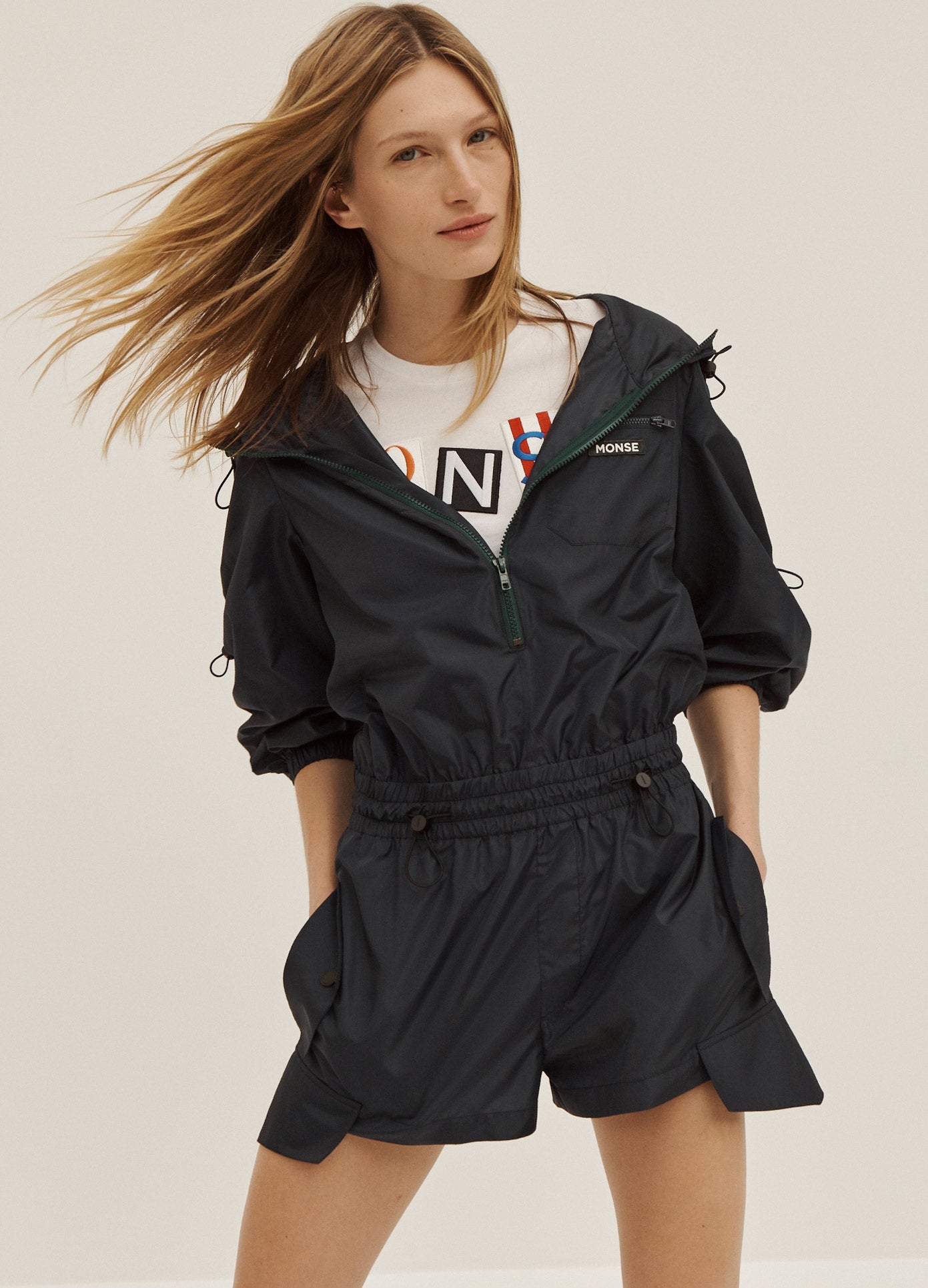 MONSE Short Hooded Jumpsuit in Midnight on Model Hair Out Front View