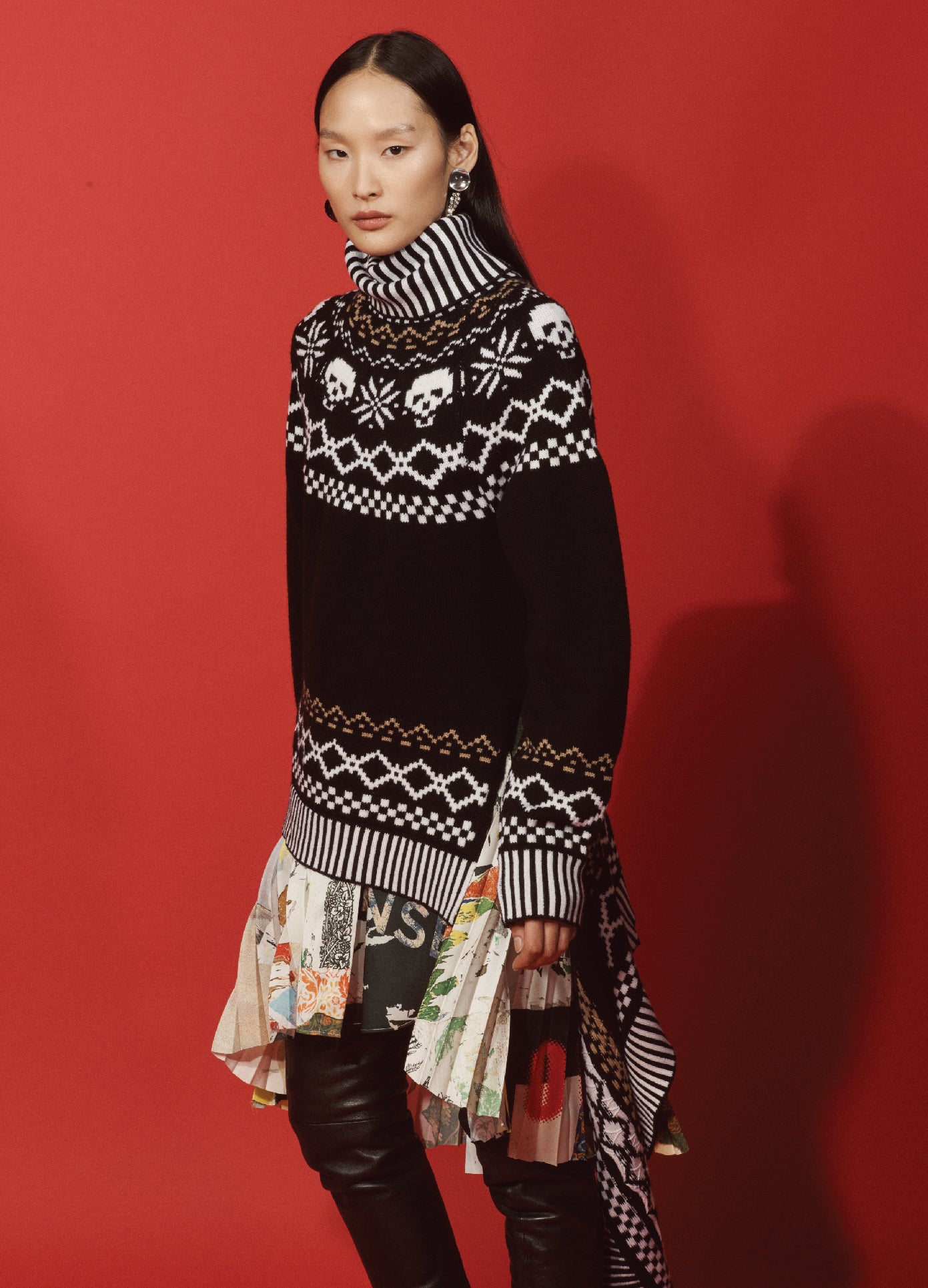 MONSE Skull Fairisle Knit Top in Black Multi on Asian Model Lookbook Front View