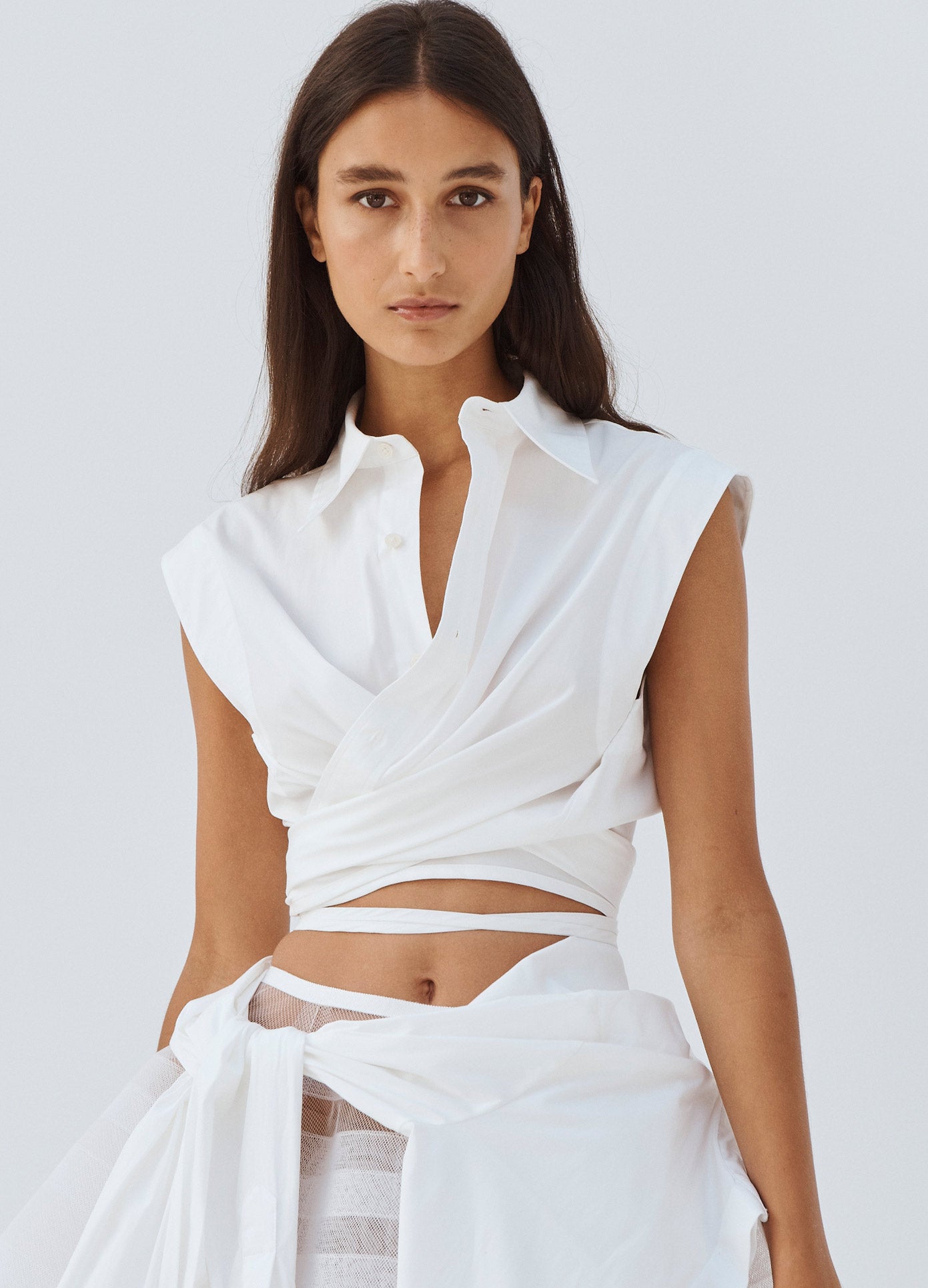 MONSE Sleeveless Draped Shirt in Ivory on Model Front Detail View