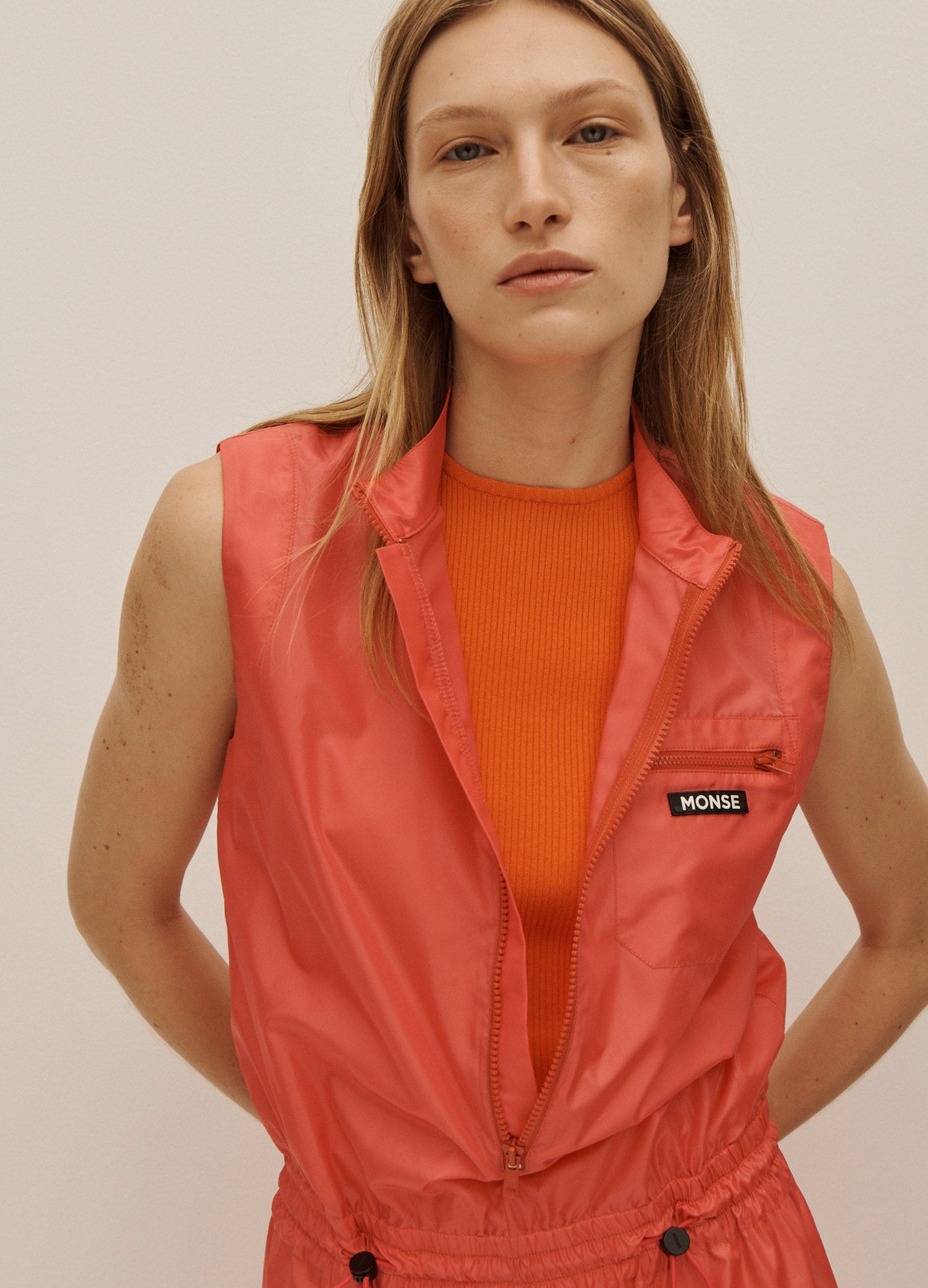 MONSE Sleeveless Jumpsuit in Deep Pink on Model Front Detail View