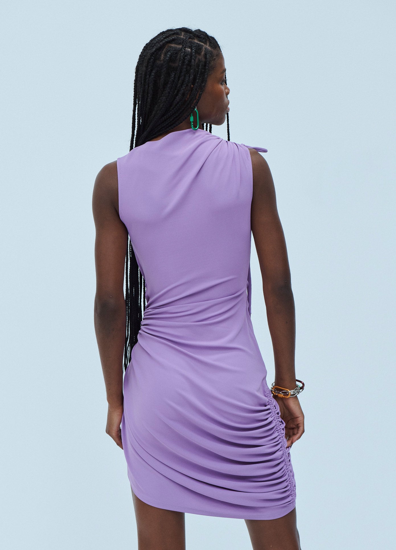 MONSE Sleeveless Keyhole Detail Draped Dress in Lavender on Model Back View