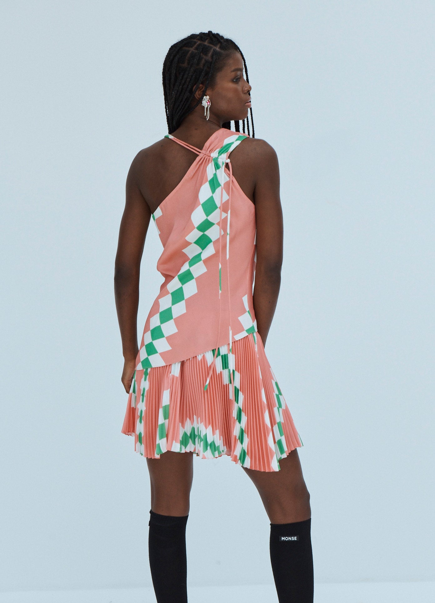 MONSE Spiral Check Sleeveless Cowlneck Top in Pink Multi on Model Back View