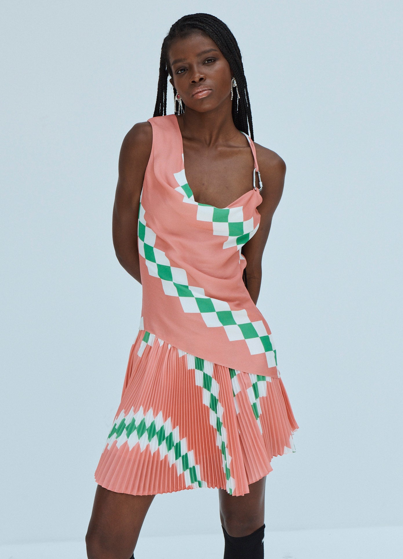MONSE Spiral Check Sleeveless Cowlneck Top in Pink Multi on Model Front View