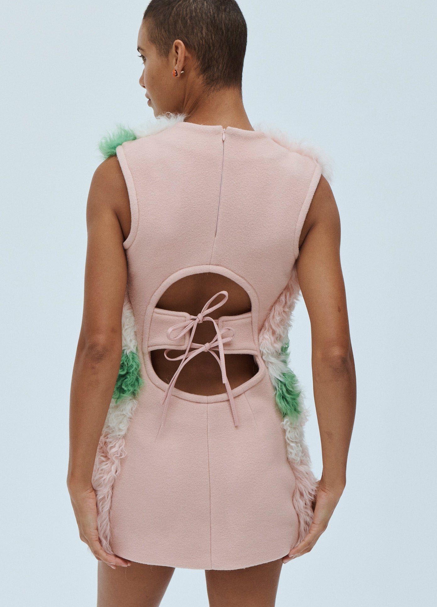 MONSE Spiral Detail Fur Dress in Pink Multi on Model Back View