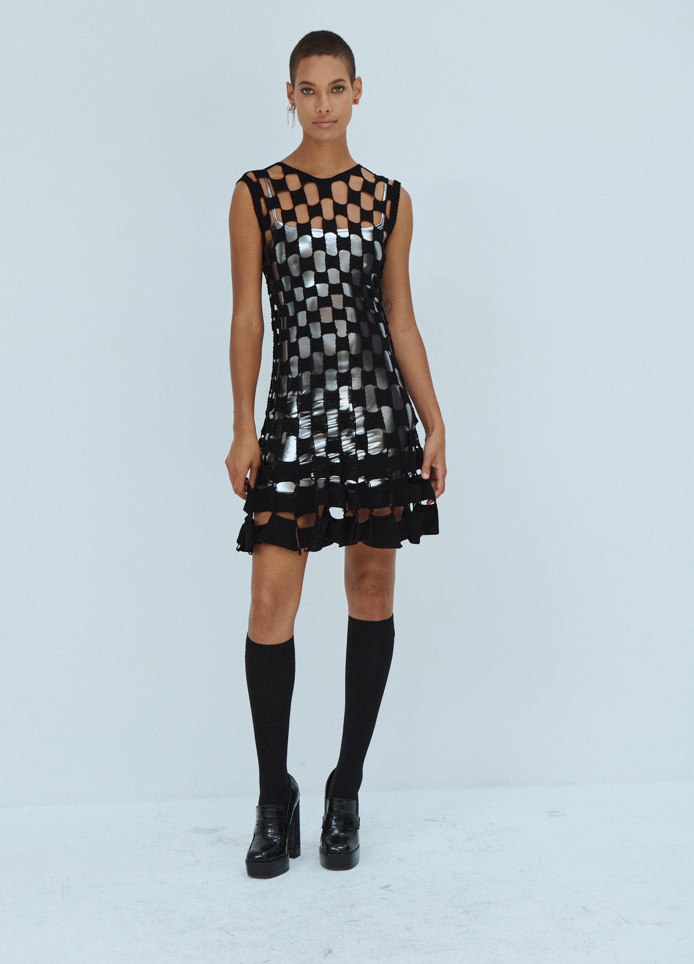 MONSE Square Crochet Dress in Black with Silver Lining on Model Front View