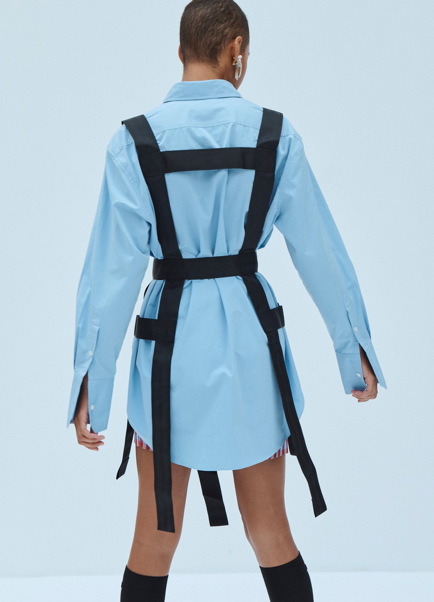 MONSE Strapped In Shirt Dress in Blue on Model Back View
