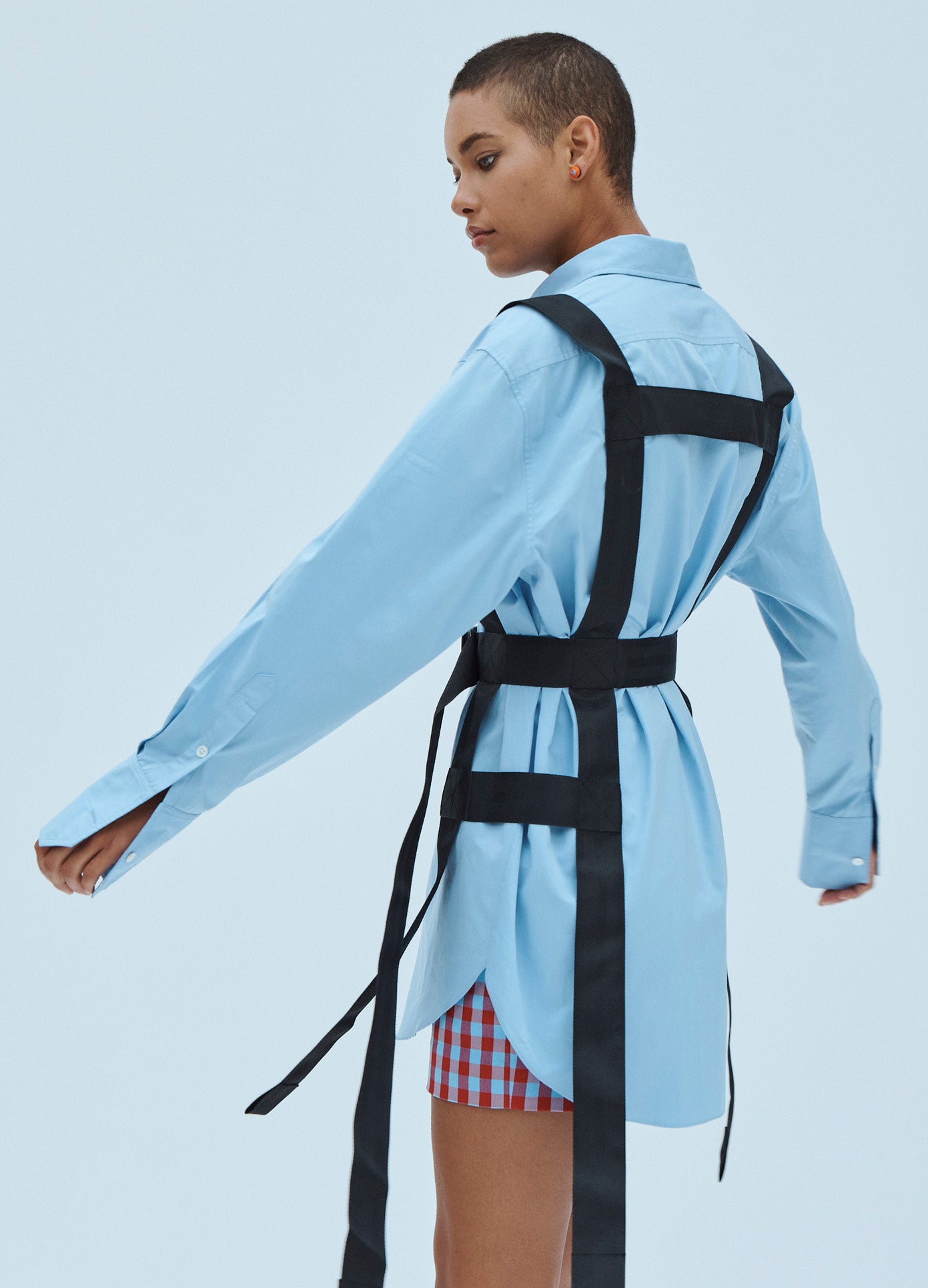 MONSE Strapped In Shirt Dress in Blue on Model Side View