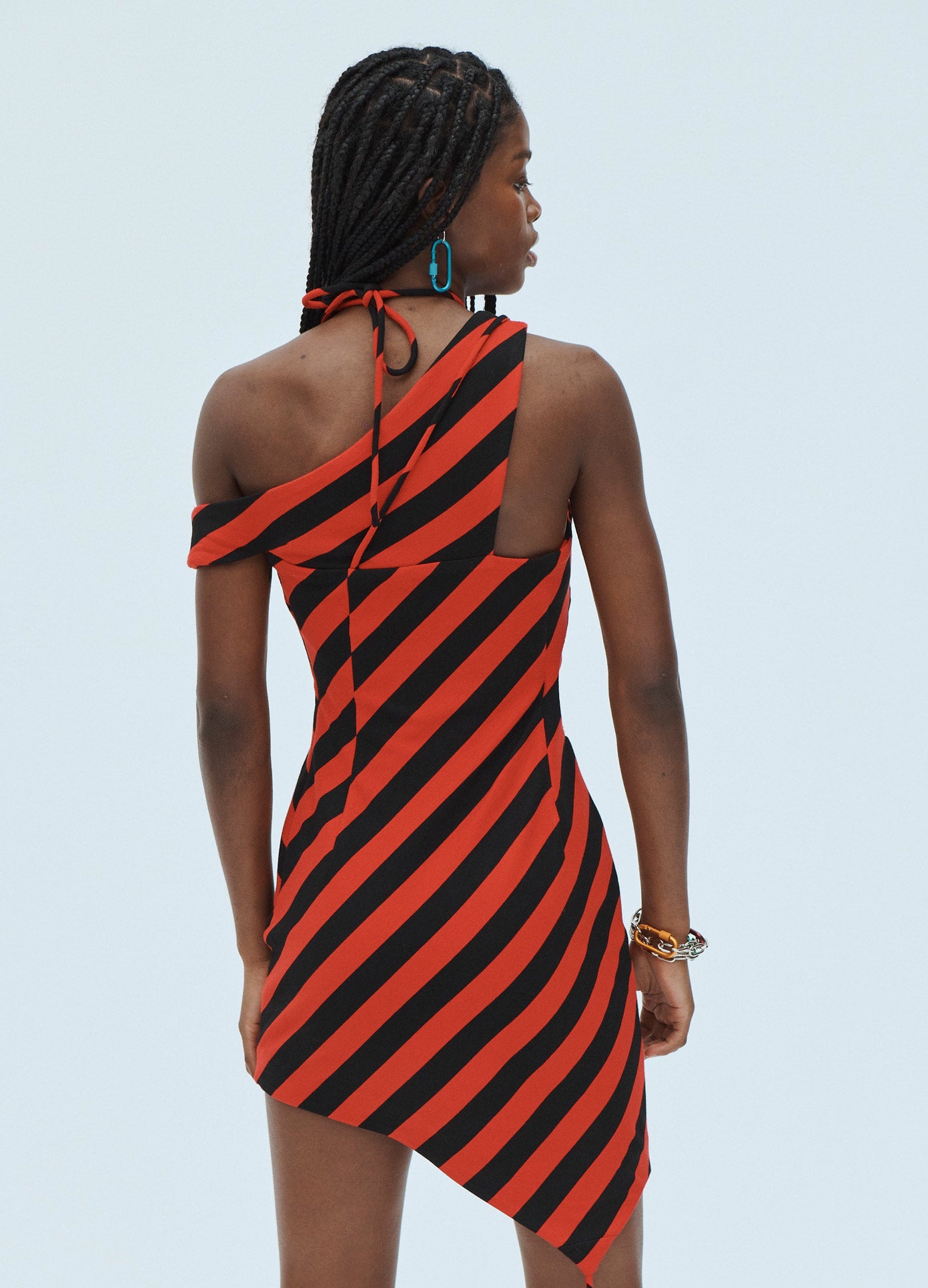 MONSE Striped Asymmetrical Over the Shoulder Keyhole Dress in Black and Red on Model Back View