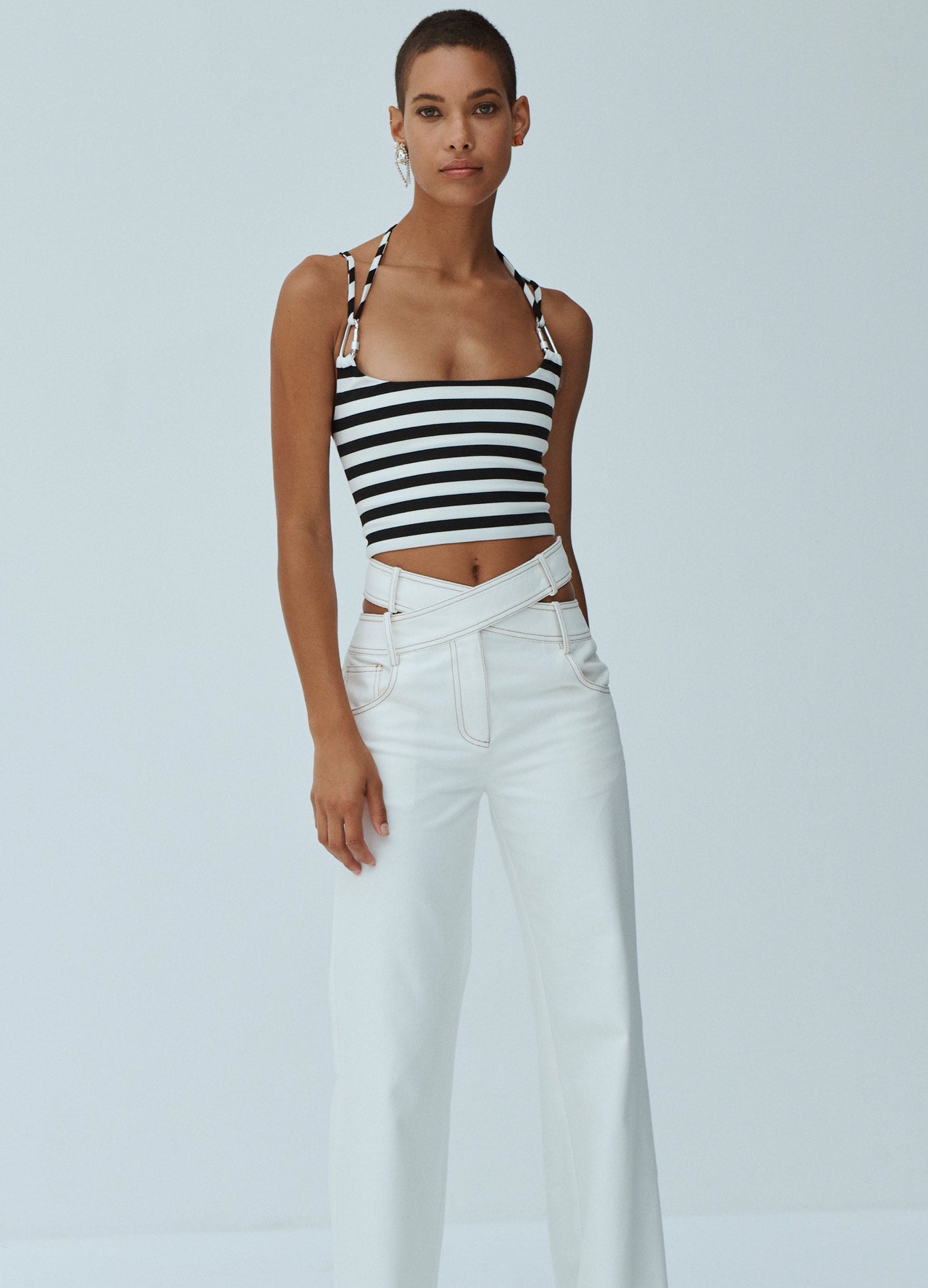 MONSE Striped Back Detail Bra Top in Black and Ivory on Model Front View