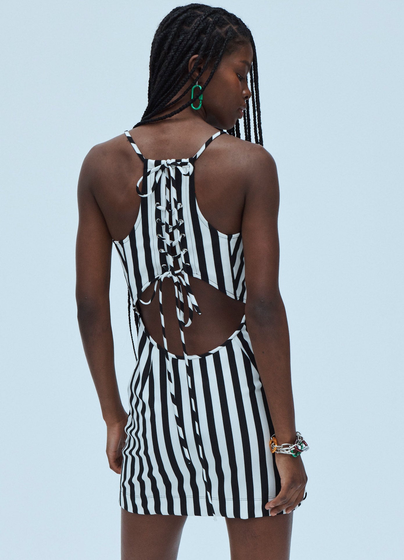 MONSE Striped Back Detail Jersey Dress in Black and Ivory on Model Back View