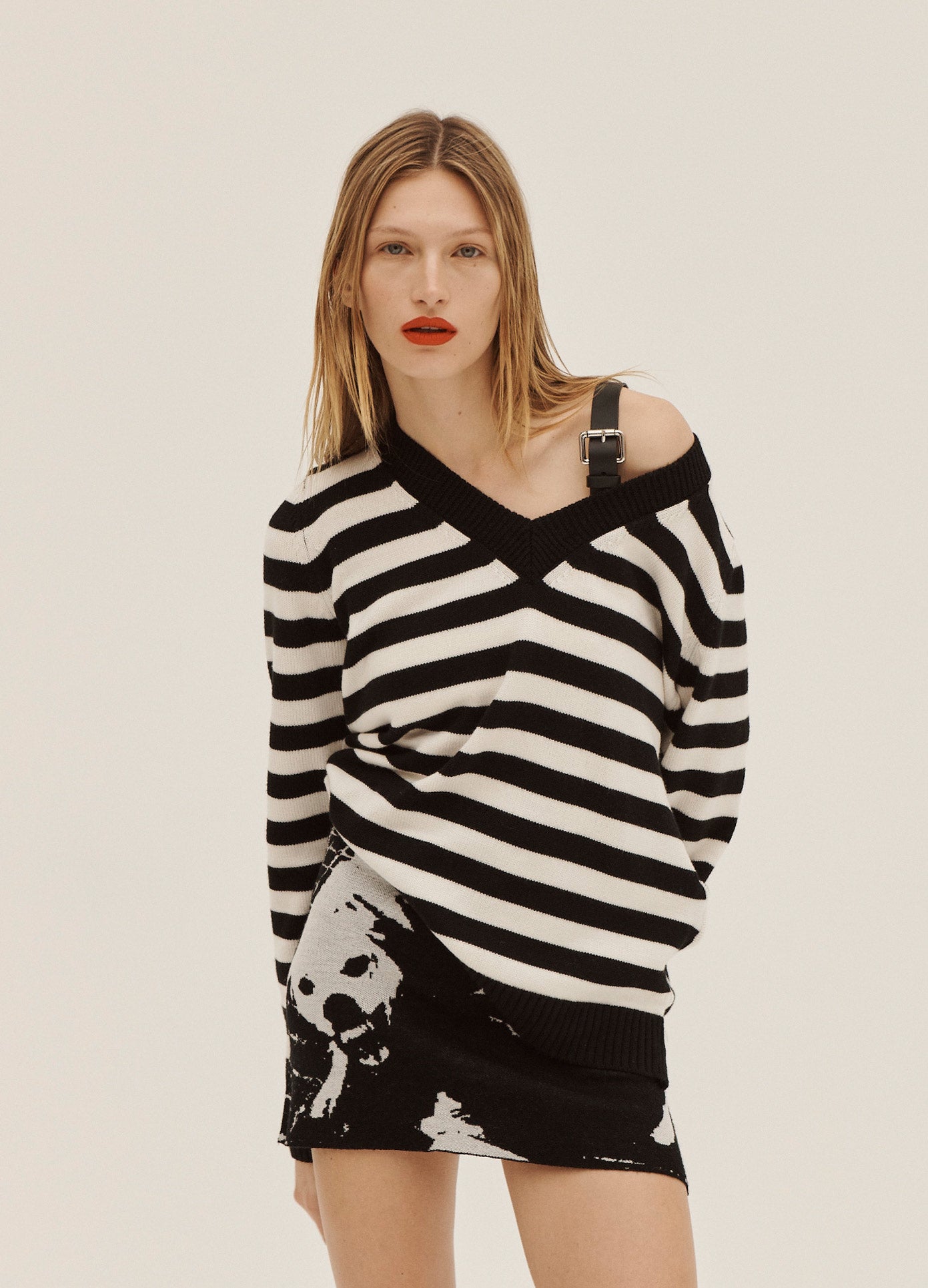 MONSE Striped Back Twist Knit Pullover in Black and Ivory on Model Front View