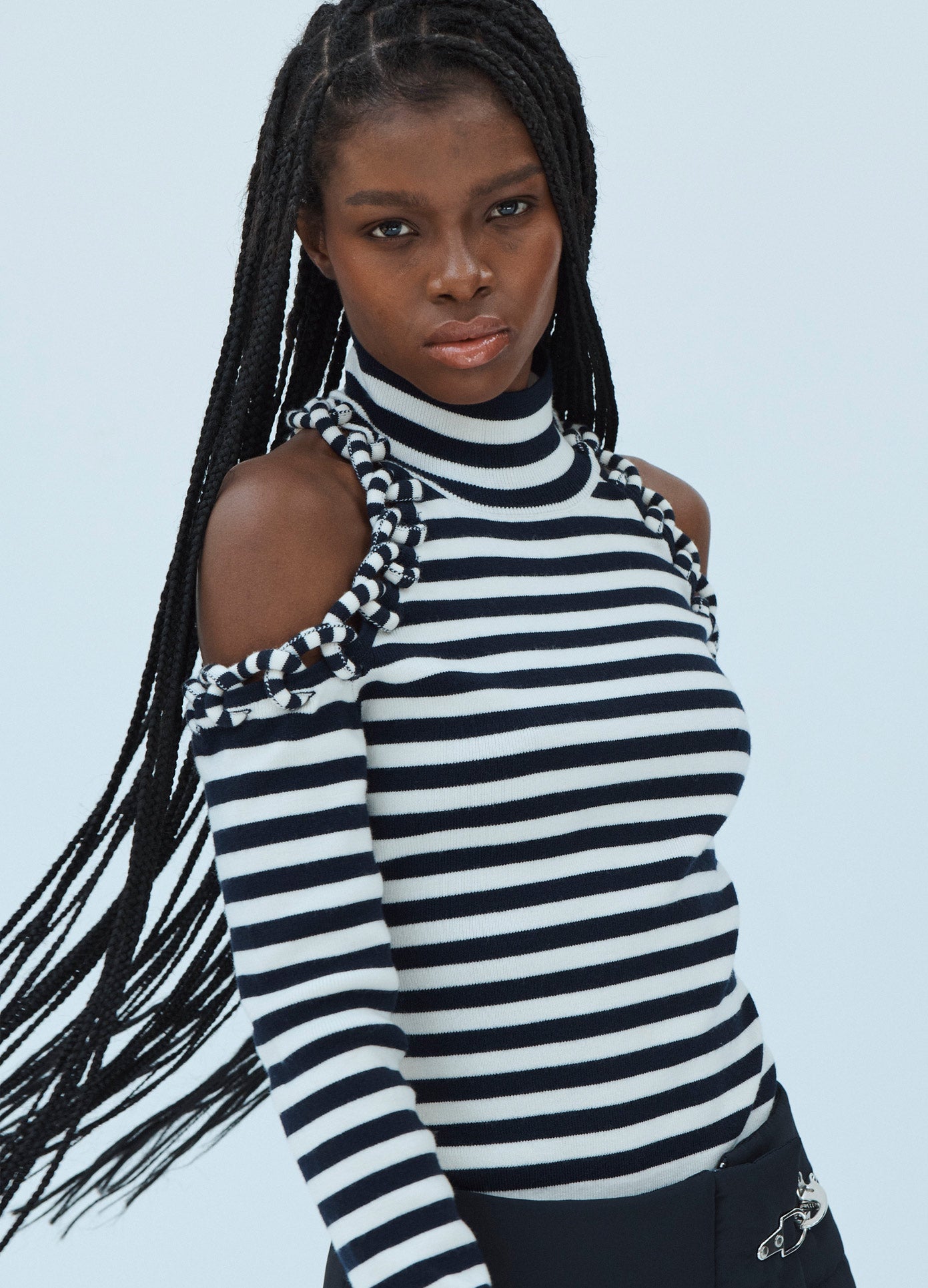 MONSE Striped Cold Shoulder Turtleneck Sweater in Midnight and Ivory on Model Full Front View