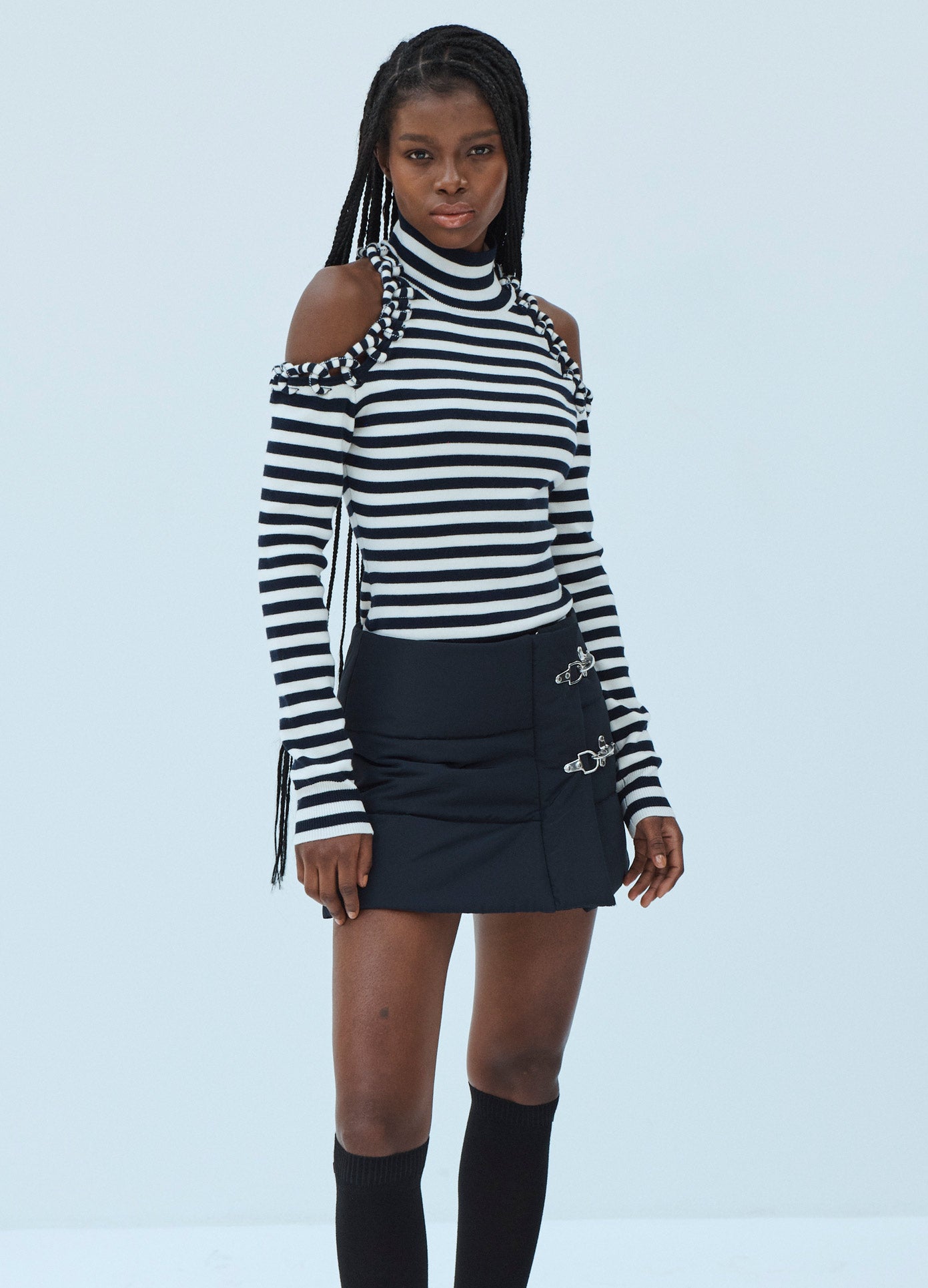 MONSE Striped Cold Shoulder Turtleneck Sweater in Midnight and Ivory on Model Front View