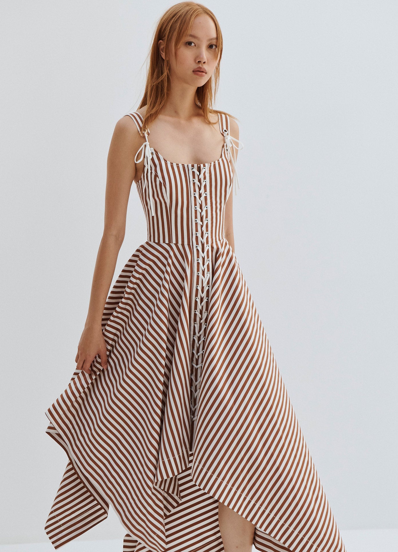 MONSE Striped Laced Front Sleeveless Dress in Brown and Ivory on Model Front View