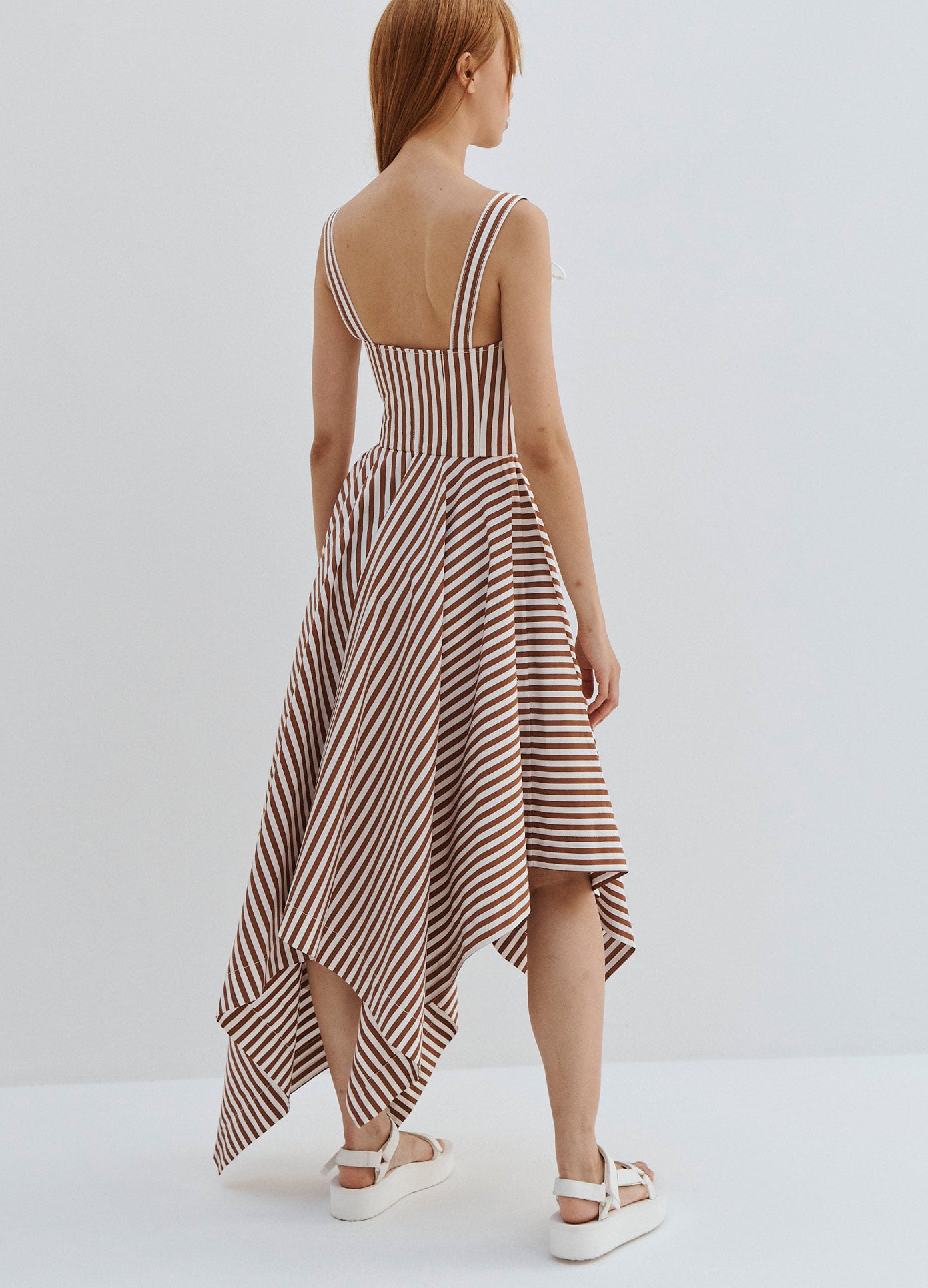 MONSE Striped Laced Front Sleeveless Dress in Brown and Ivory on Model Full Back Side View