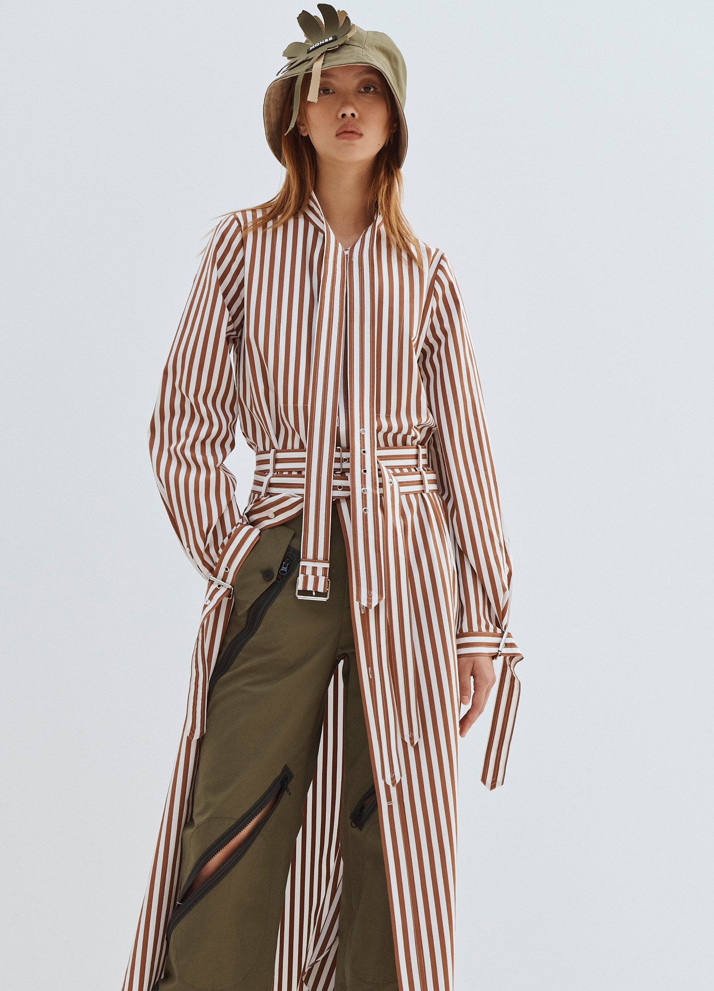 MONSE Striped Long Belted Shirt in Brown and Ivory on Model Front Alternate View