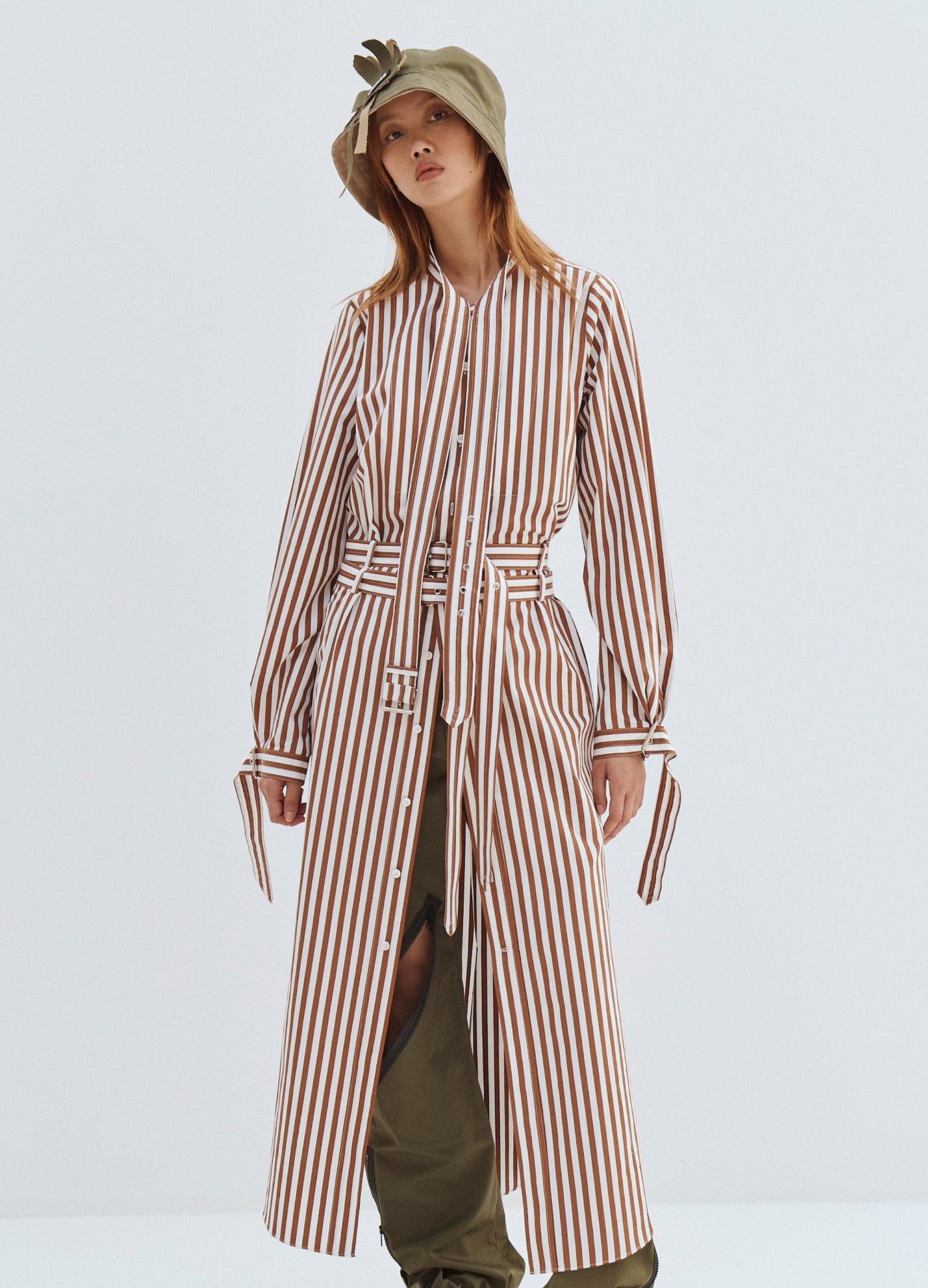 MONSE Striped Long Belted Shirt in Brown and Ivory on Model Front View