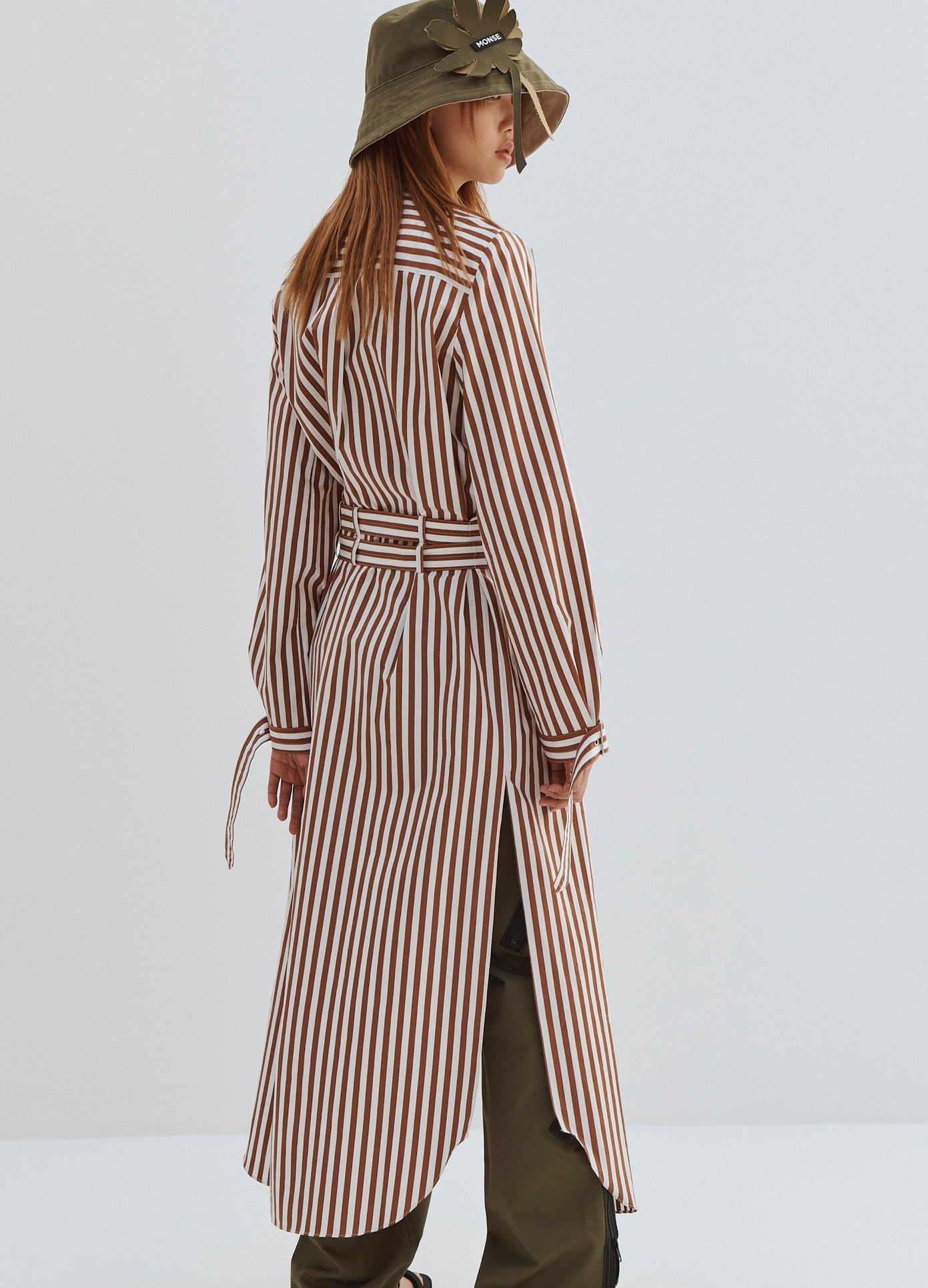 MONSE Striped Long Belted Shirt in Brown and Ivory on Model Back View