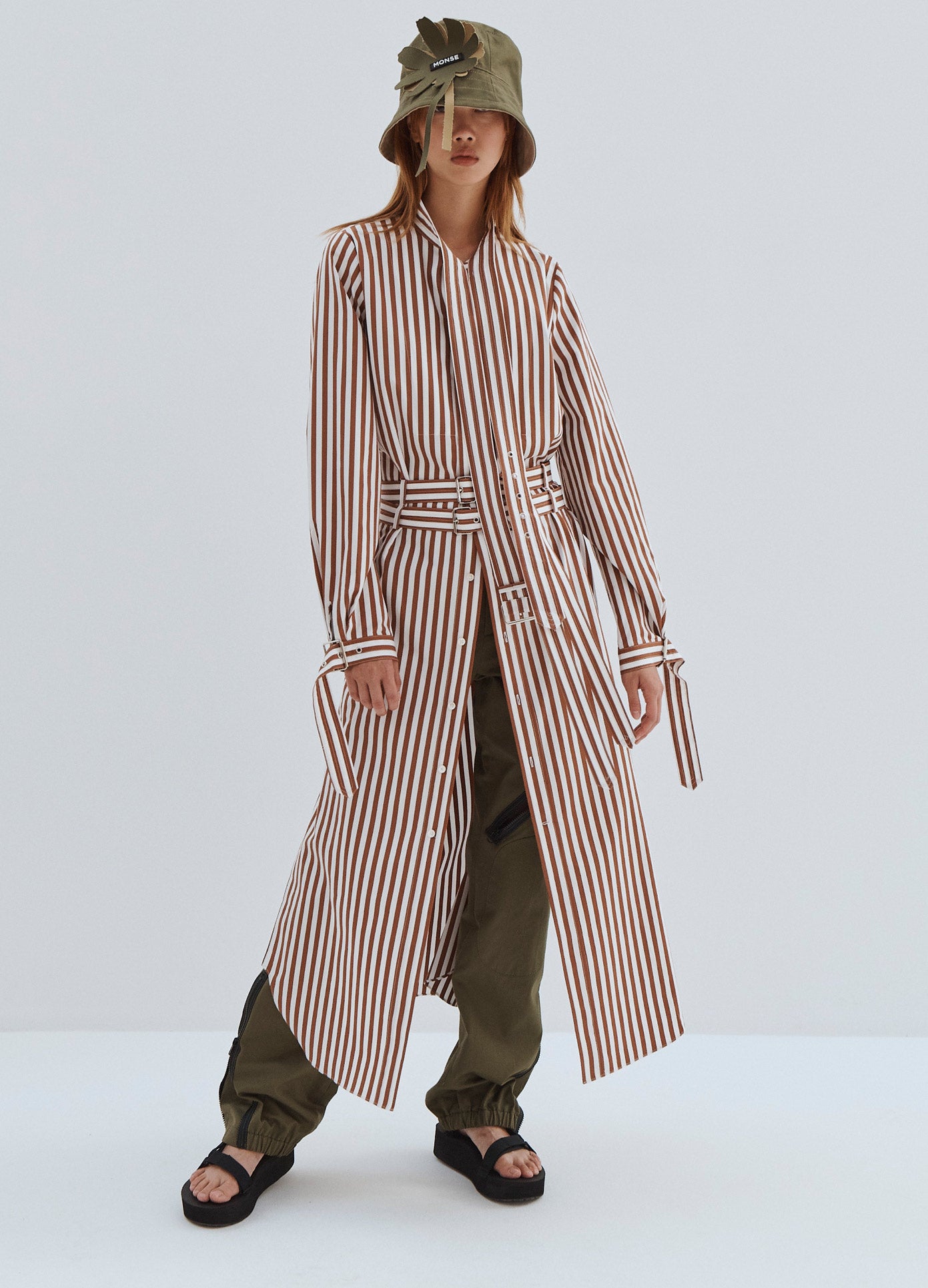 MONSE Striped Long Belted Shirt in Brown and Ivory on Model Full Front View