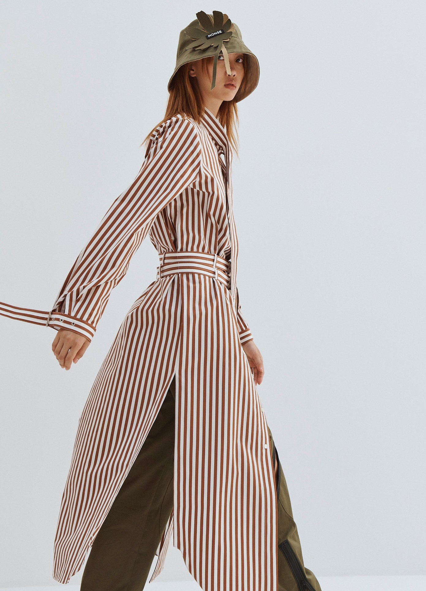 MONSE Striped Long Belted Shirt in Brown and Ivory on Model Side View