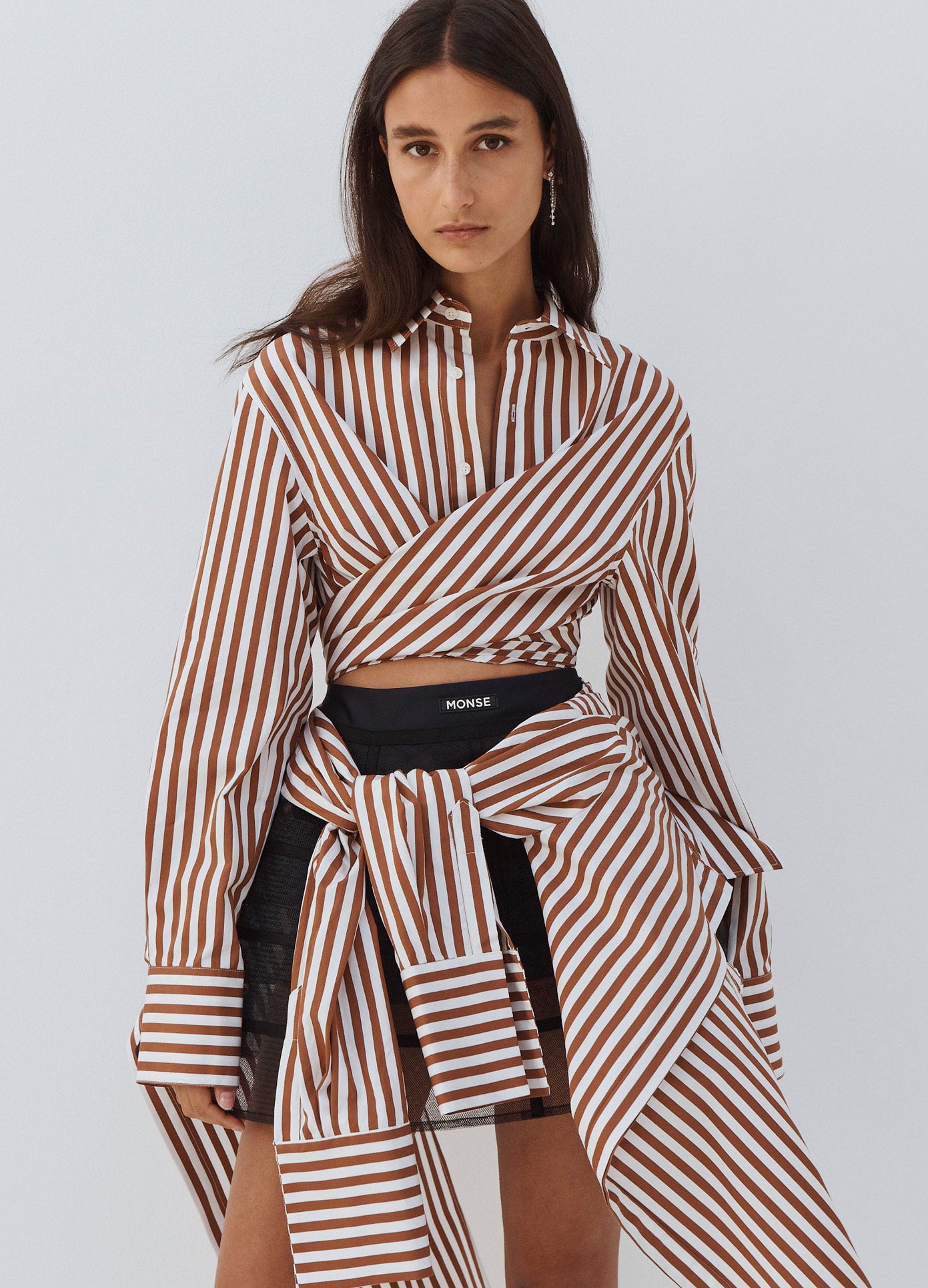 MONSE Striped Long Sleeve Shirt in Brown and Ivory on Model Front View
