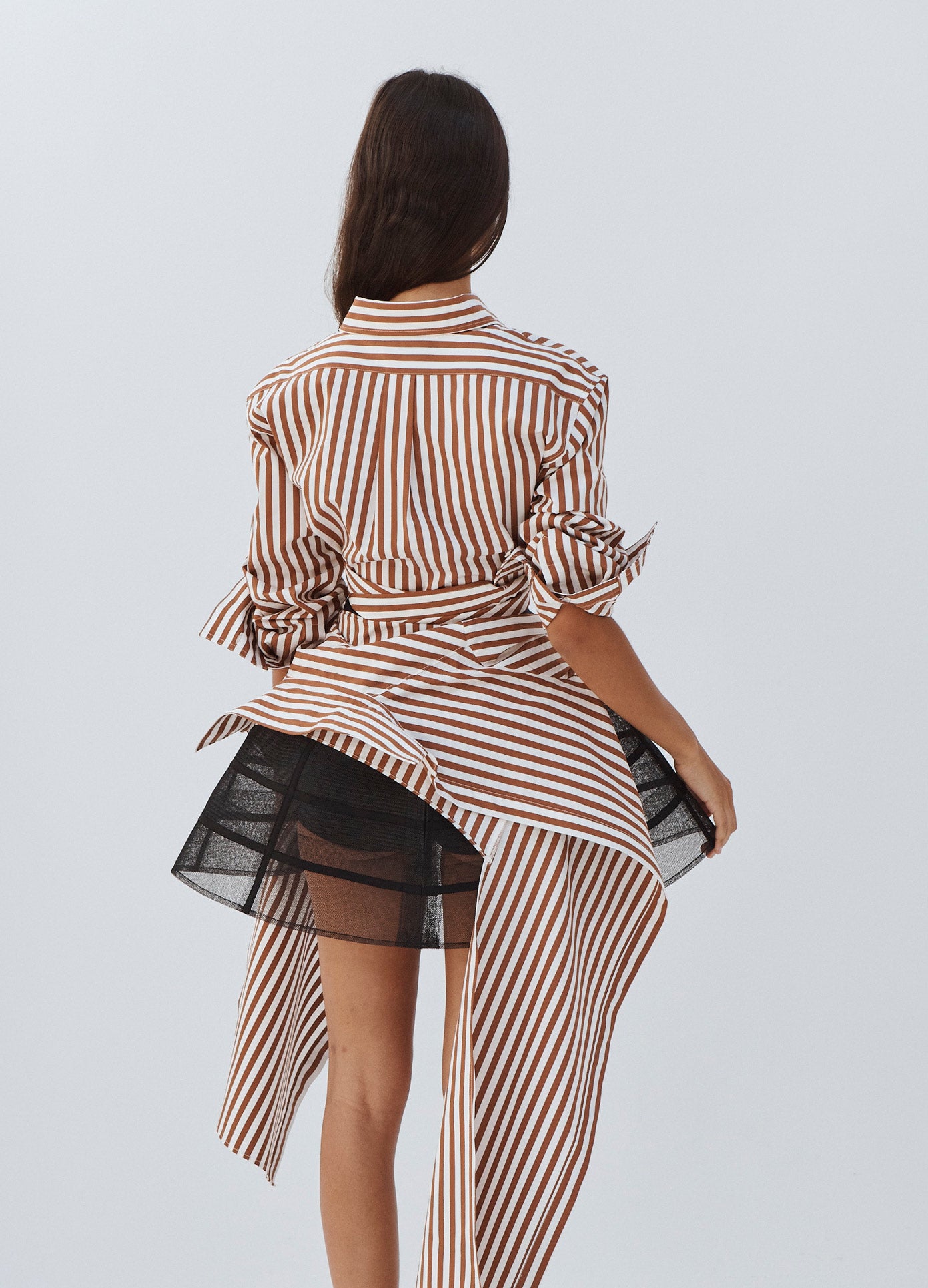 MONSE Striped Long Sleeve Shirt in Brown and Ivory on Model Back View