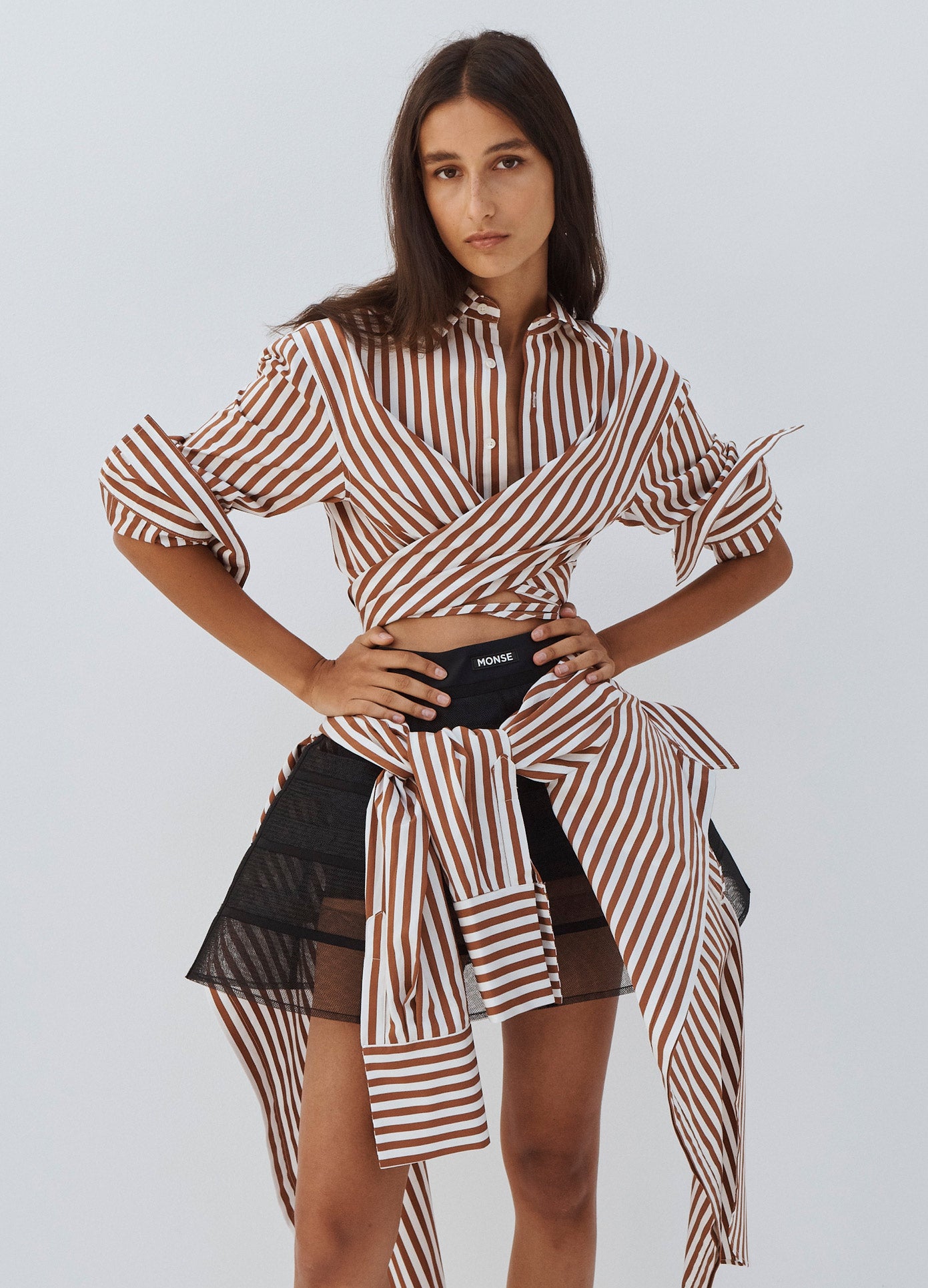 Striped Fitted Poplin Long Sleeve Mini Shirt Dress
