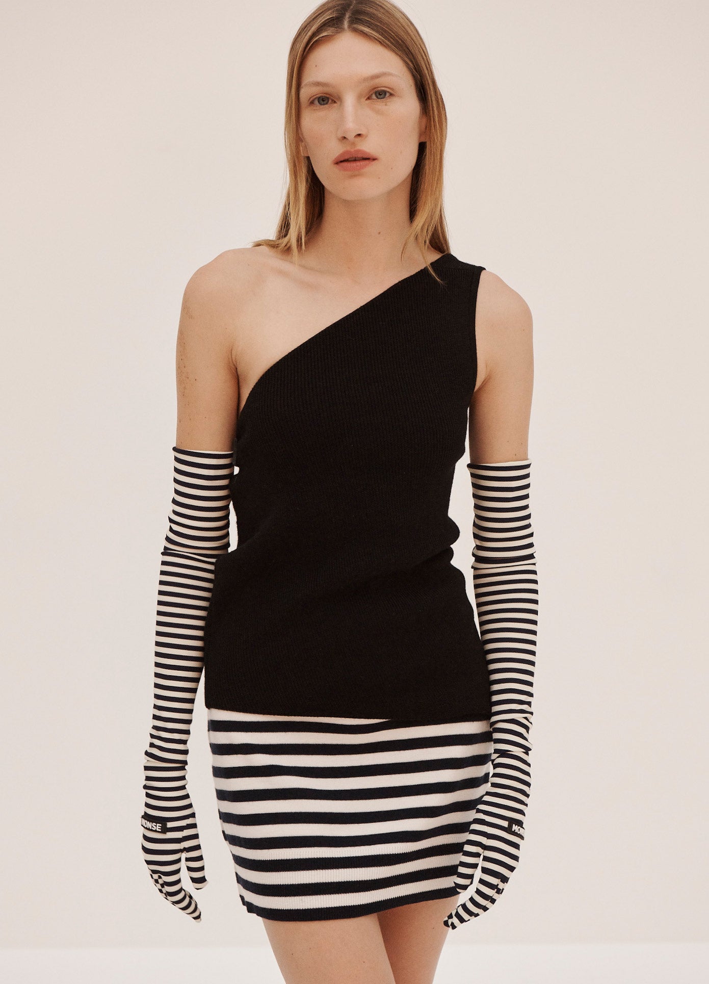 MONSE Striped Mini Knit Skirt in Midnight and Ivory on Model Front View