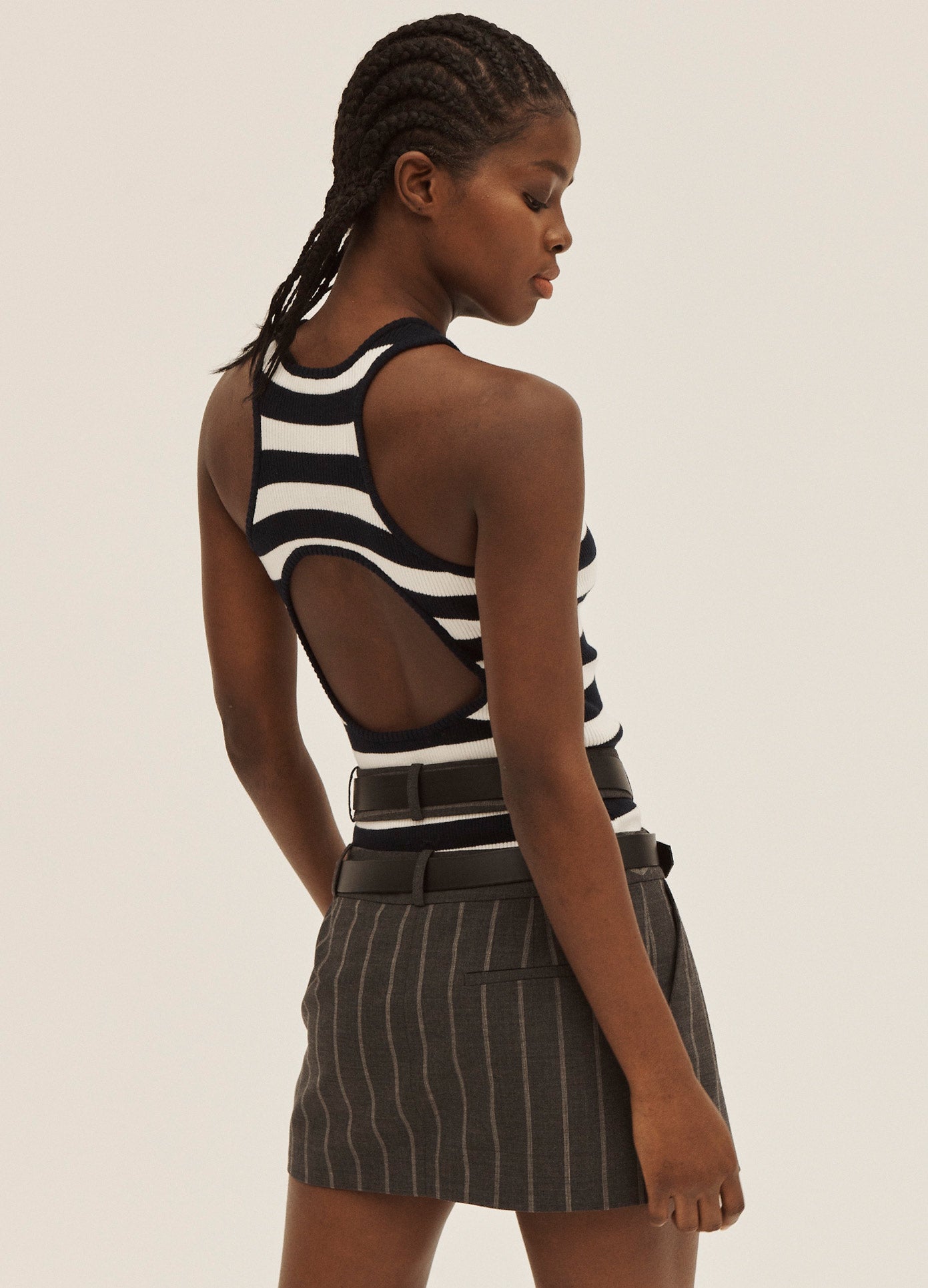 MONSE Striped Racerback Knit Top in Midnight and Ivory on Model Back View