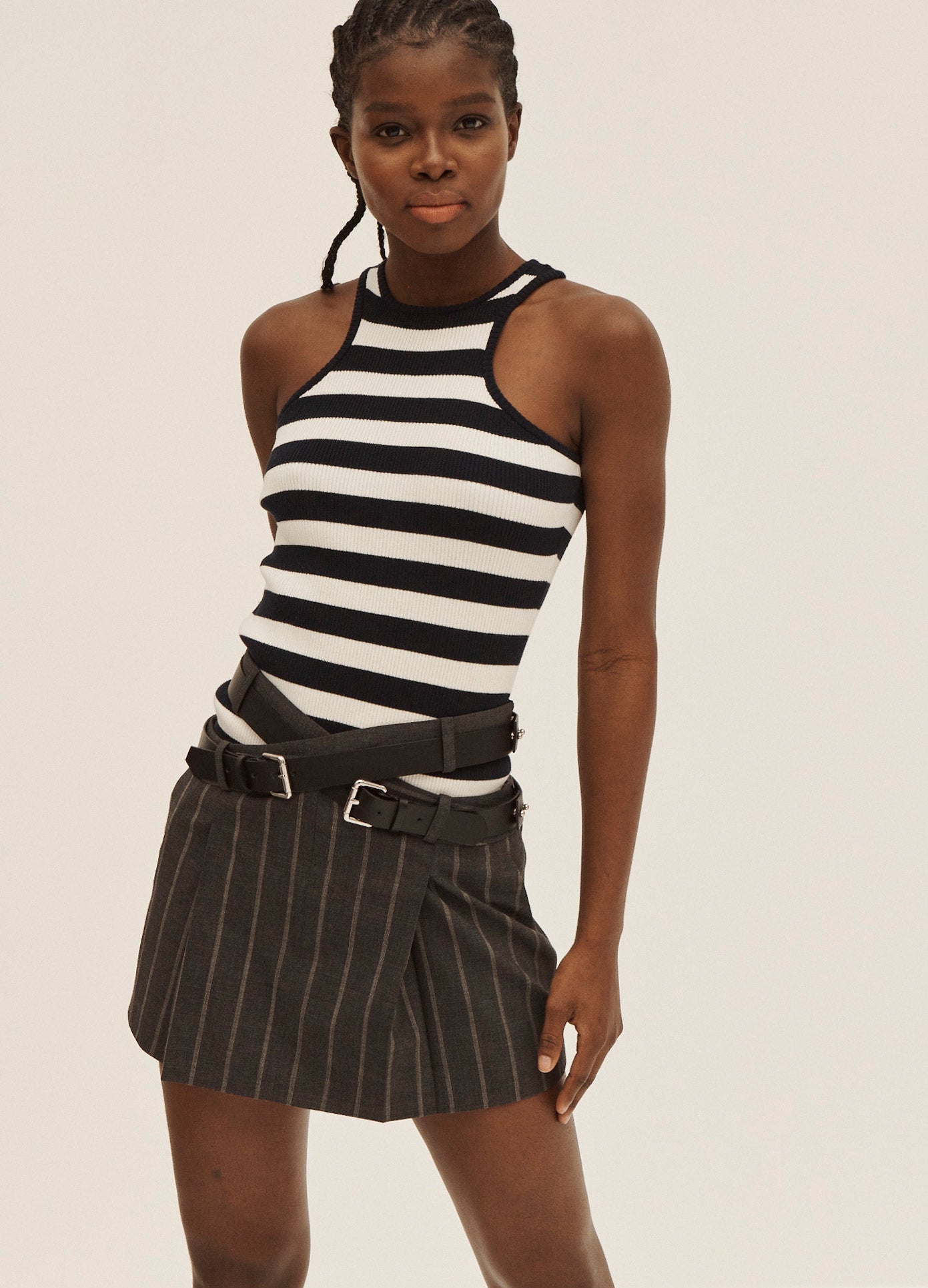 MONSE Striped Racerback Knit Top in Midnight and Ivory on Model Front View