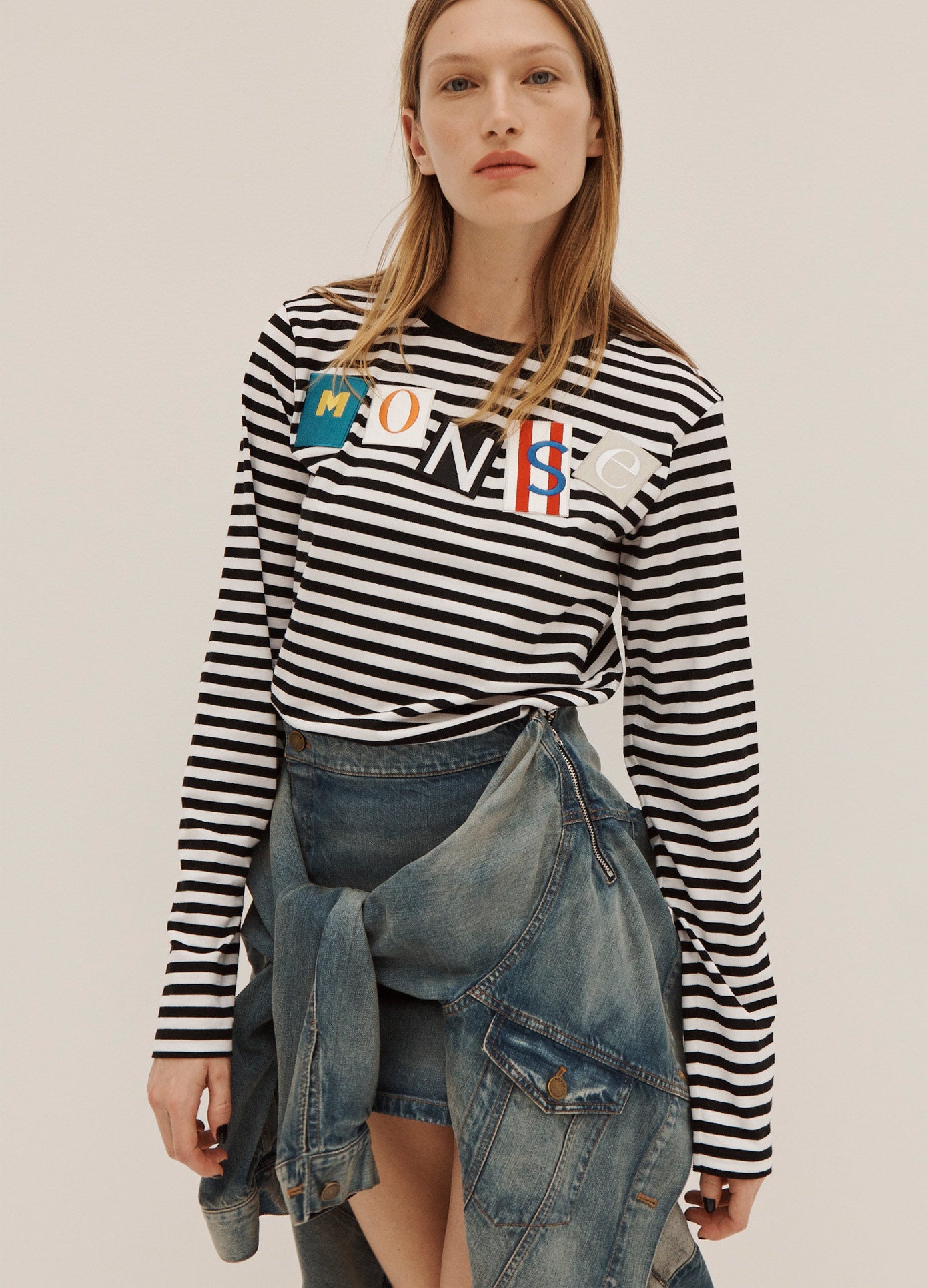 MONSE Striped Ransom Letters Long Sleeve Tee in Black and Ivory on Model Front View