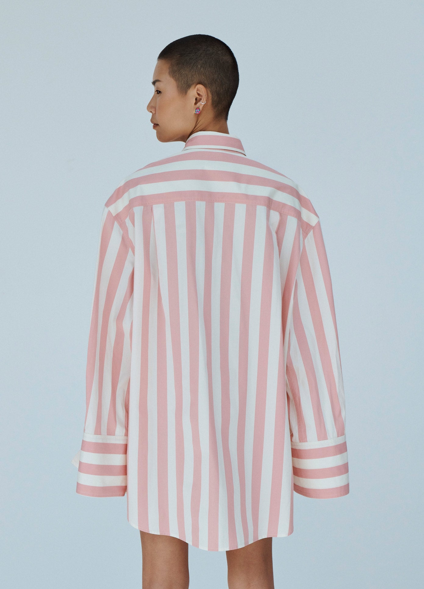 MONSE Striped Tie Back Sleeve Shirt Dress in Pink and Ivory on Model Back View