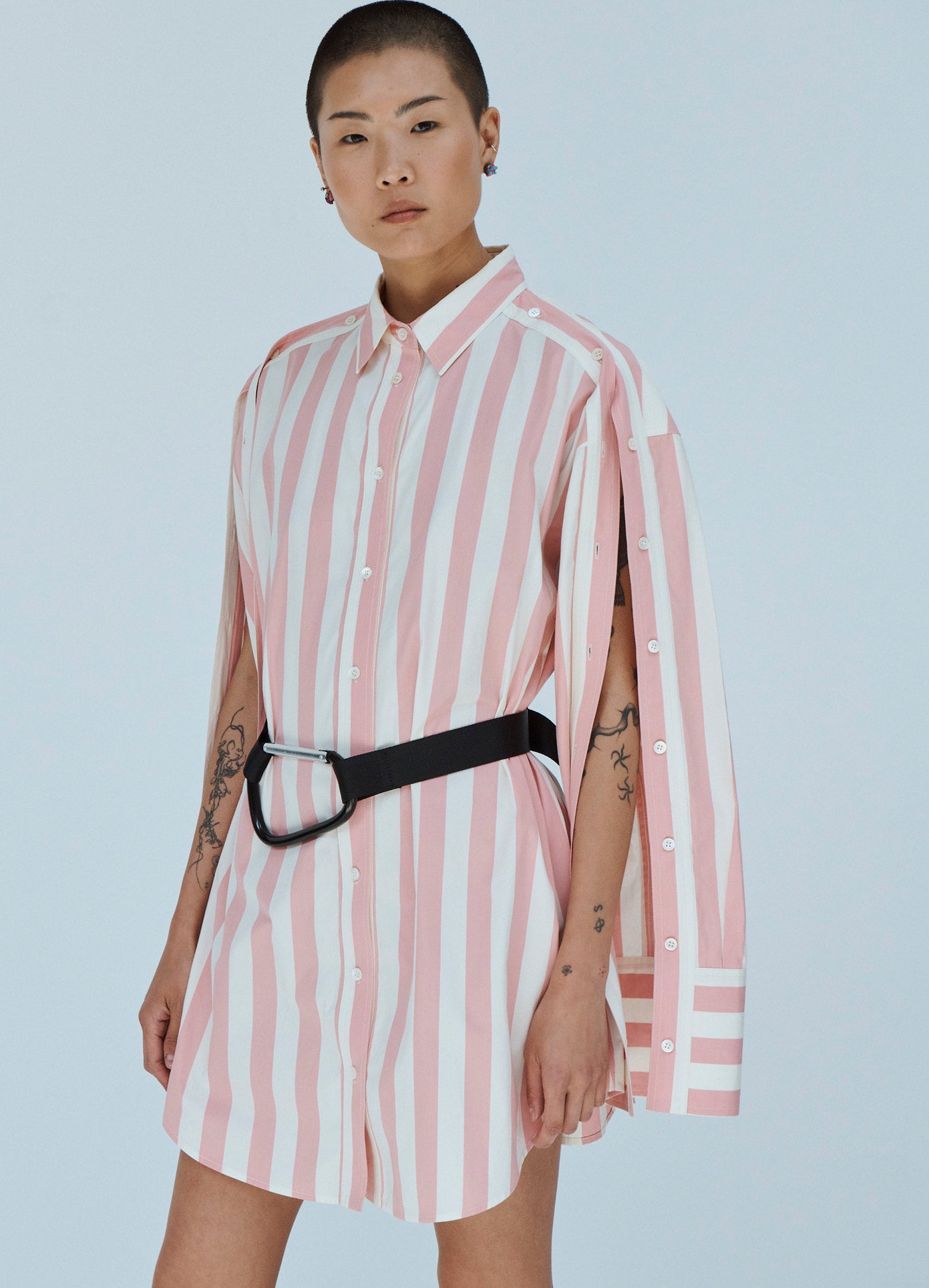 MONSE Striped Tie Back Sleeve Shirt Dress in Pink and Ivory on Model Side View