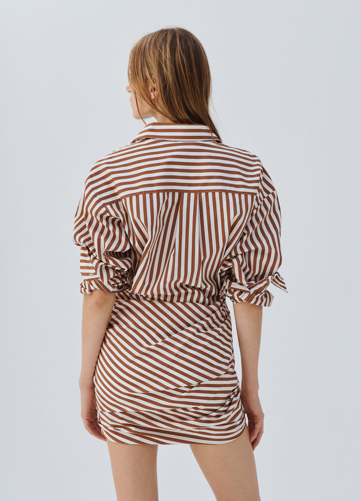 Striped Wrap Shirt Dress in Brown and Ivory