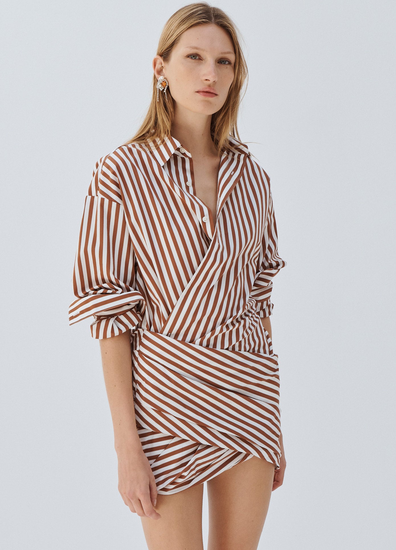 MONSE Striped Wrap Shirt Dress in Brown and Ivory on Model Front Tilted View