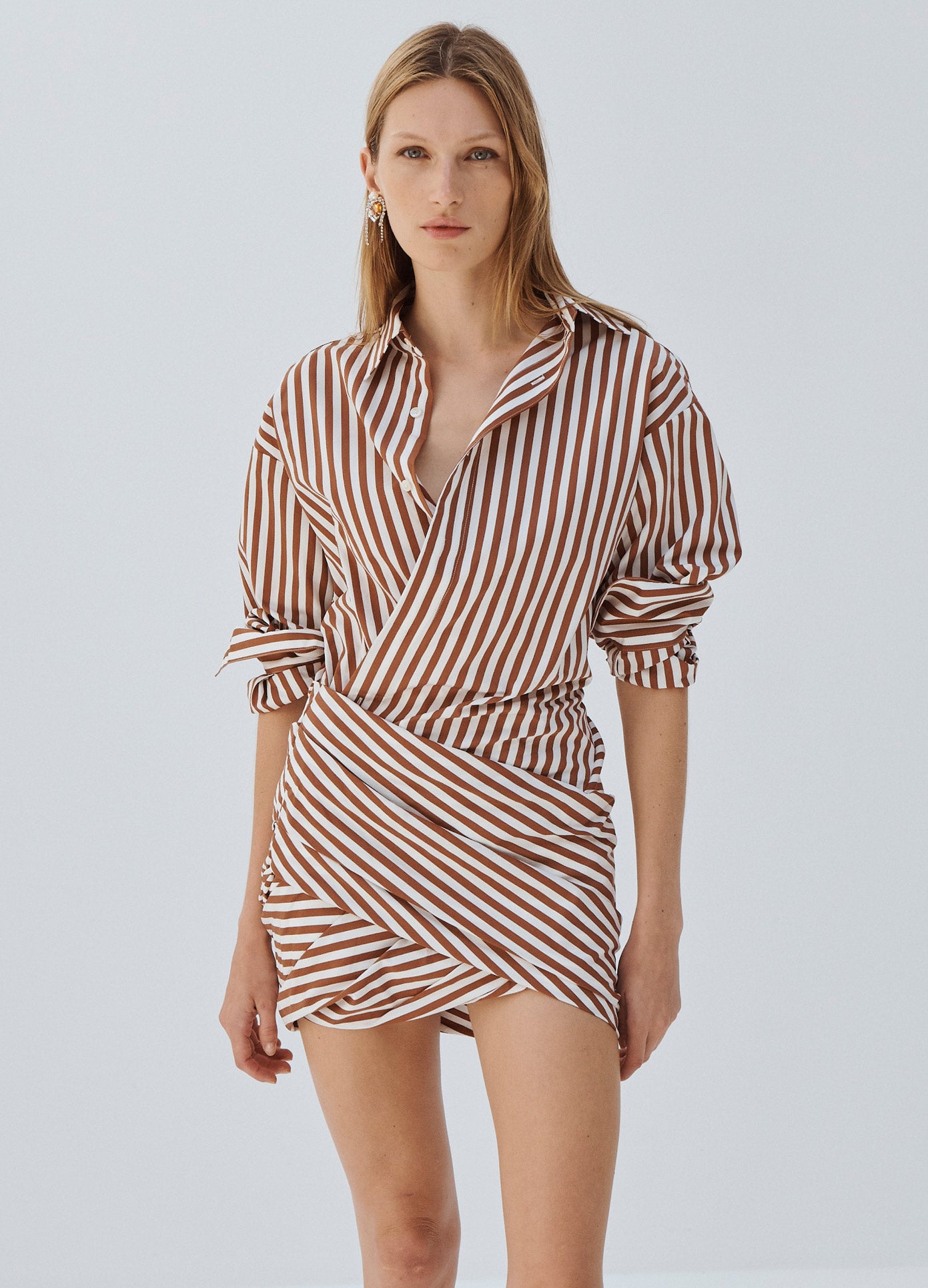 MONSE Striped Wrap Shirt Dress in Brown and Ivory on Model Front View
