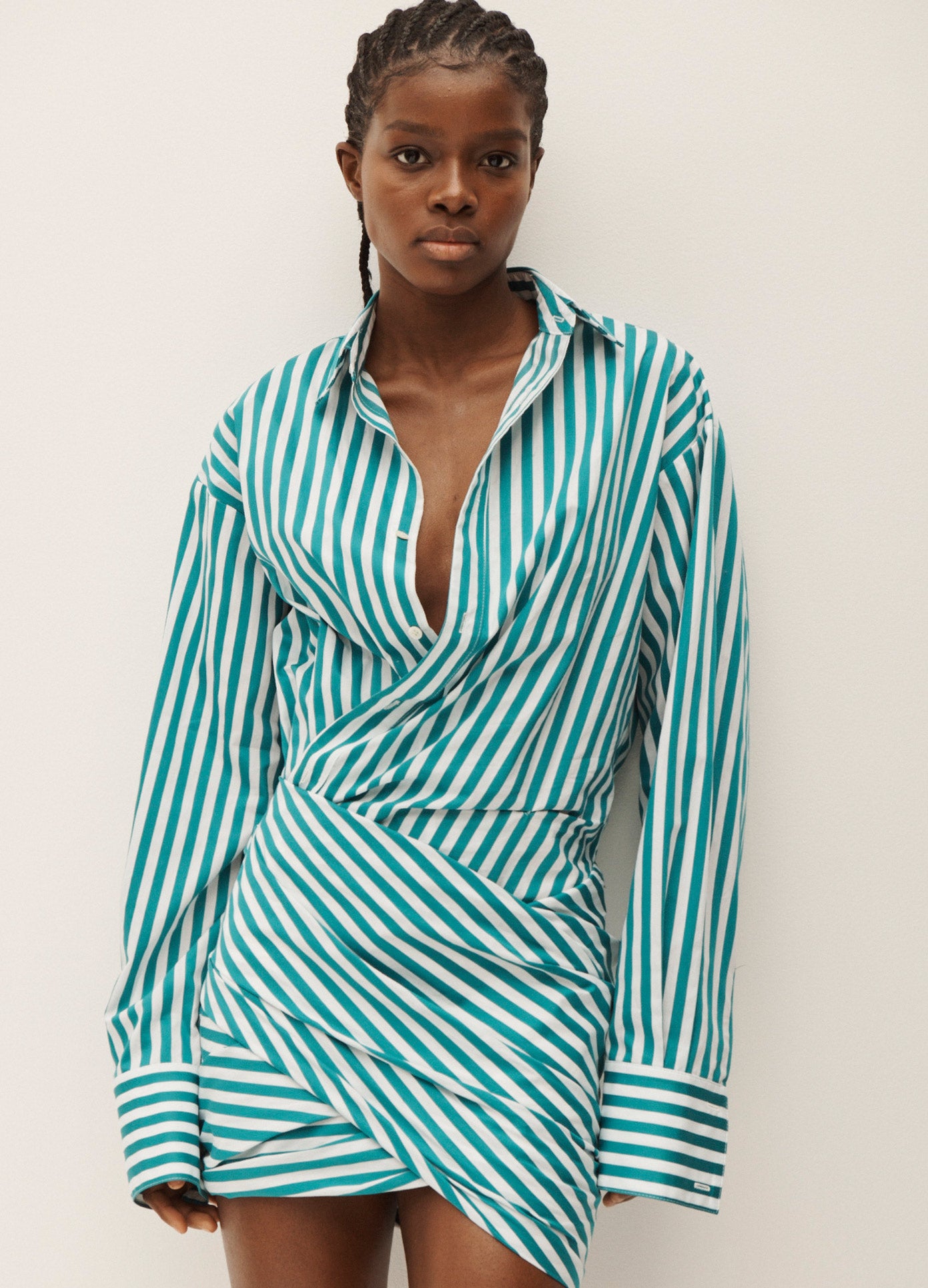 MONSE Striped Wraparound Mini Shirt Dress in Sea Green and White on Model Front View