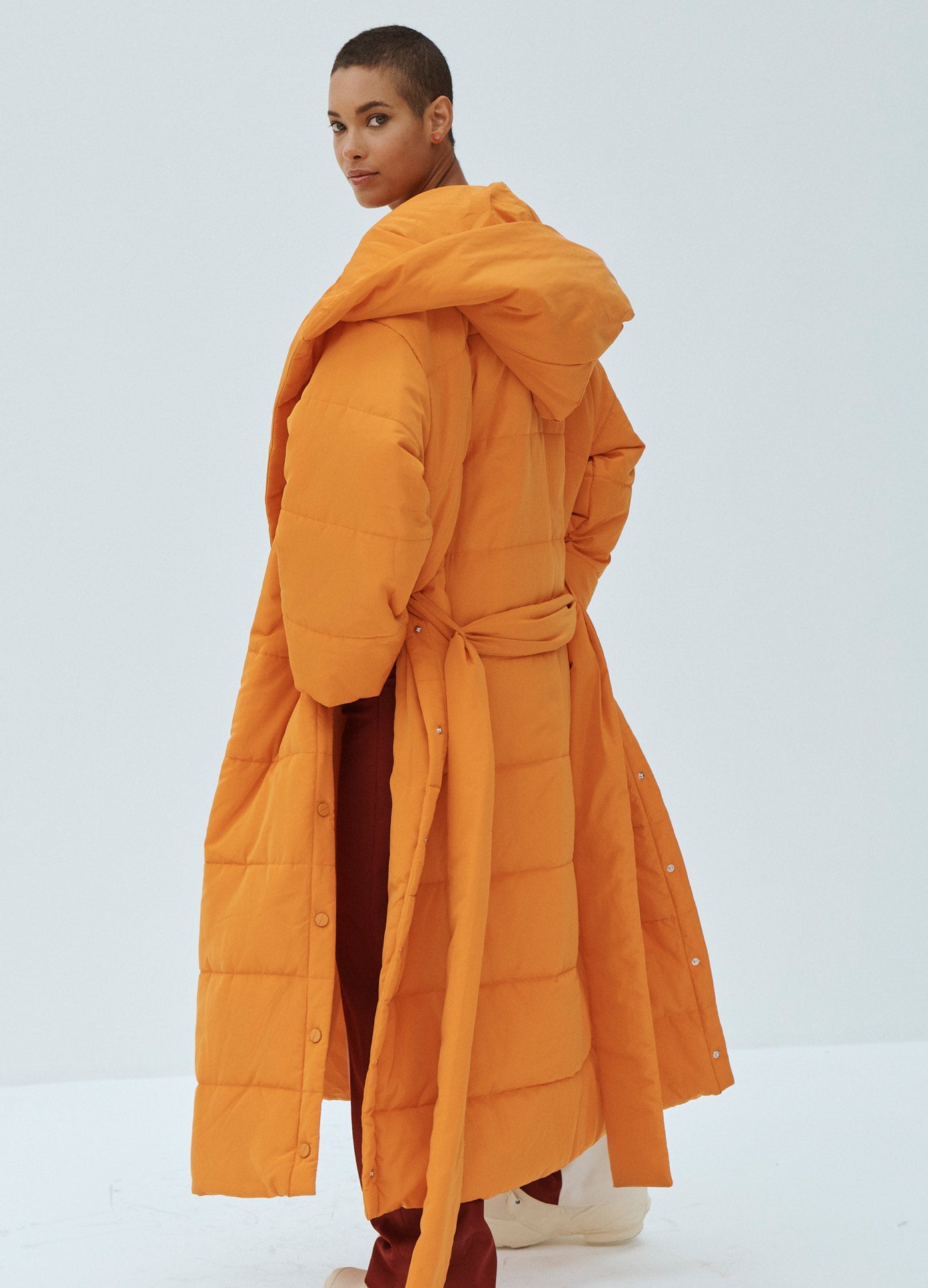 MONSE Techno Puffer Robe in Orange on Model Back View