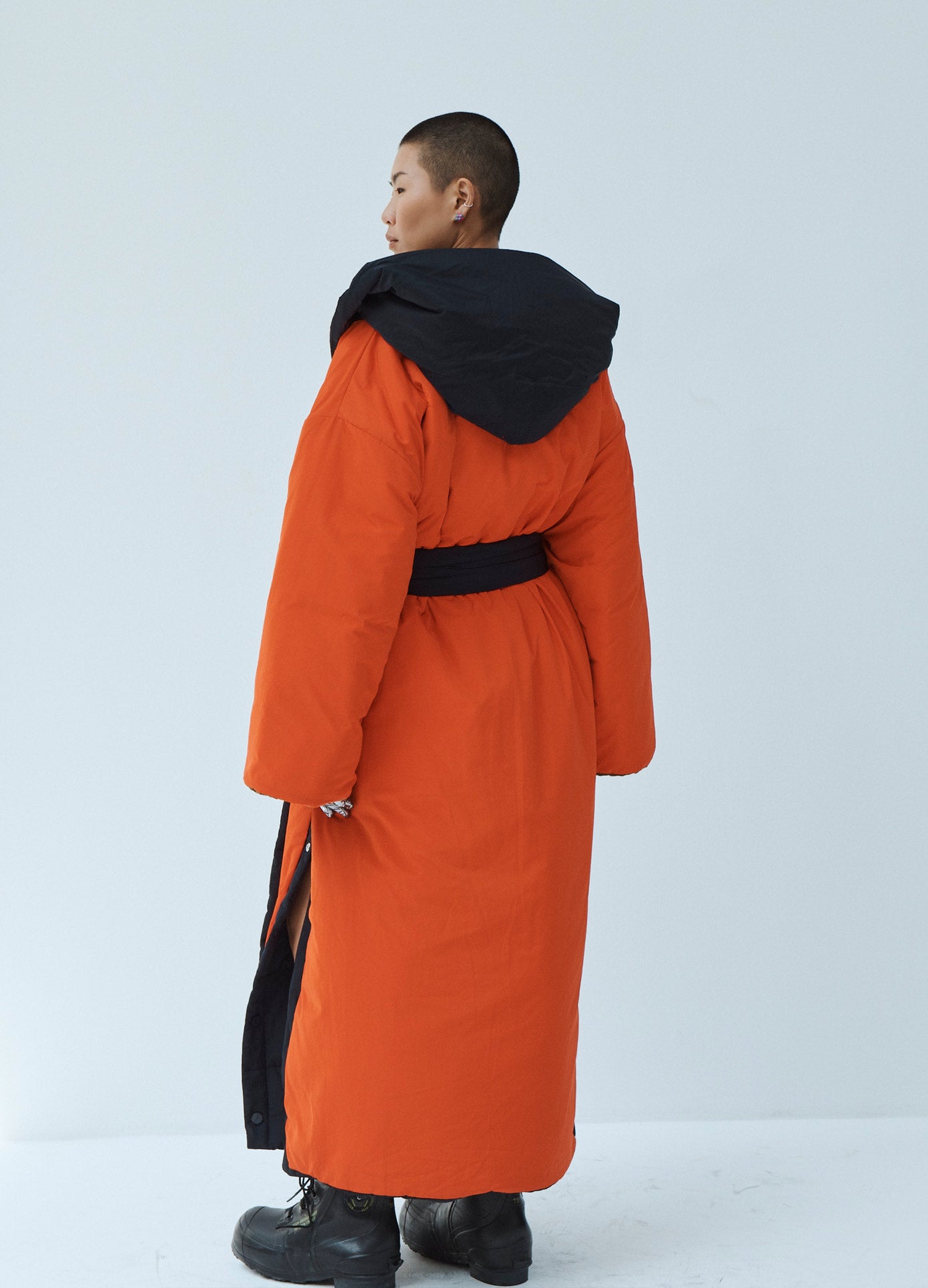 MONSE Techno Puffer Robe in Bright Orange on Model Back View
