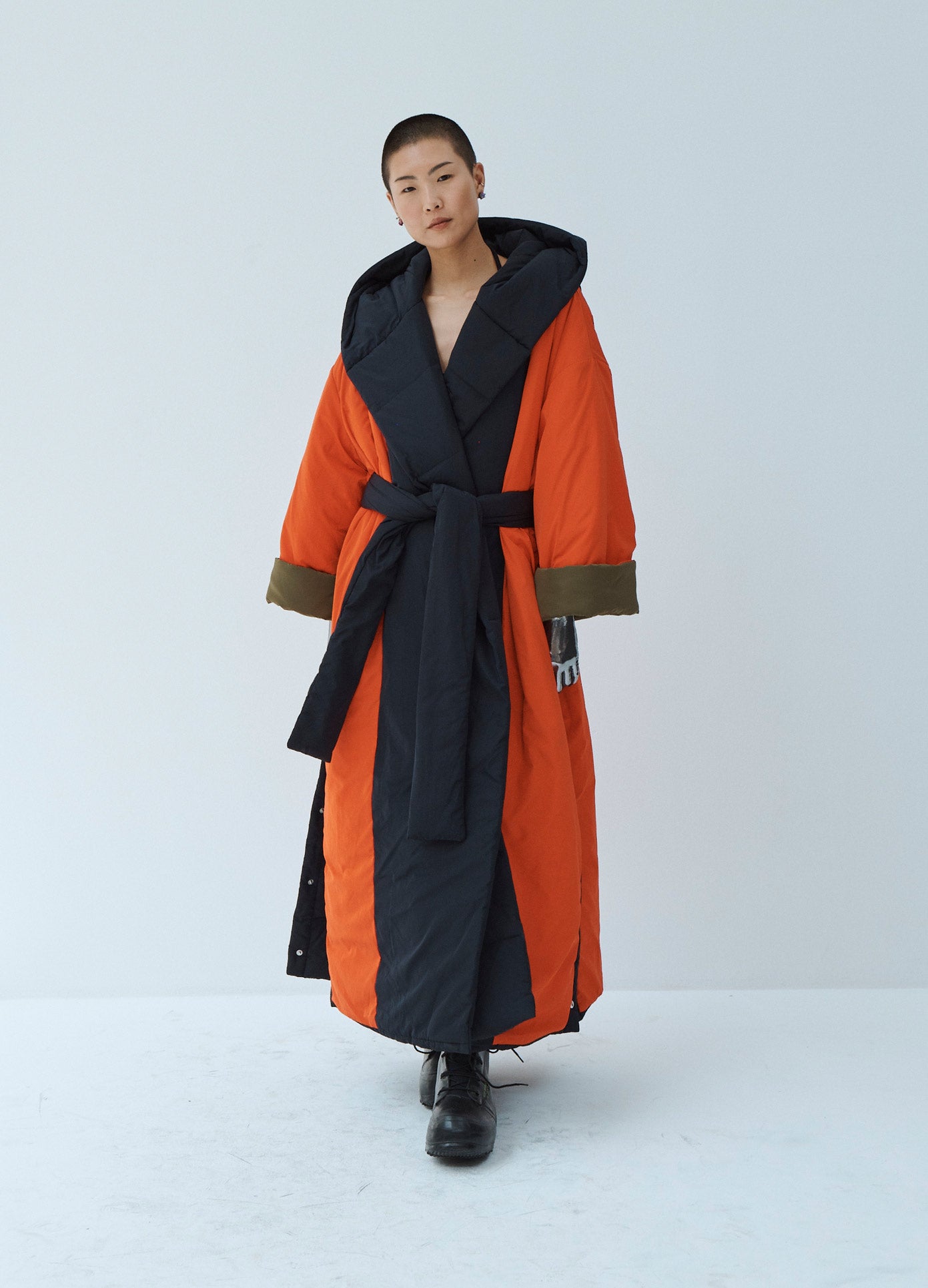 MONSE Techno Puffer Robe in Bright Orange on Model Front View