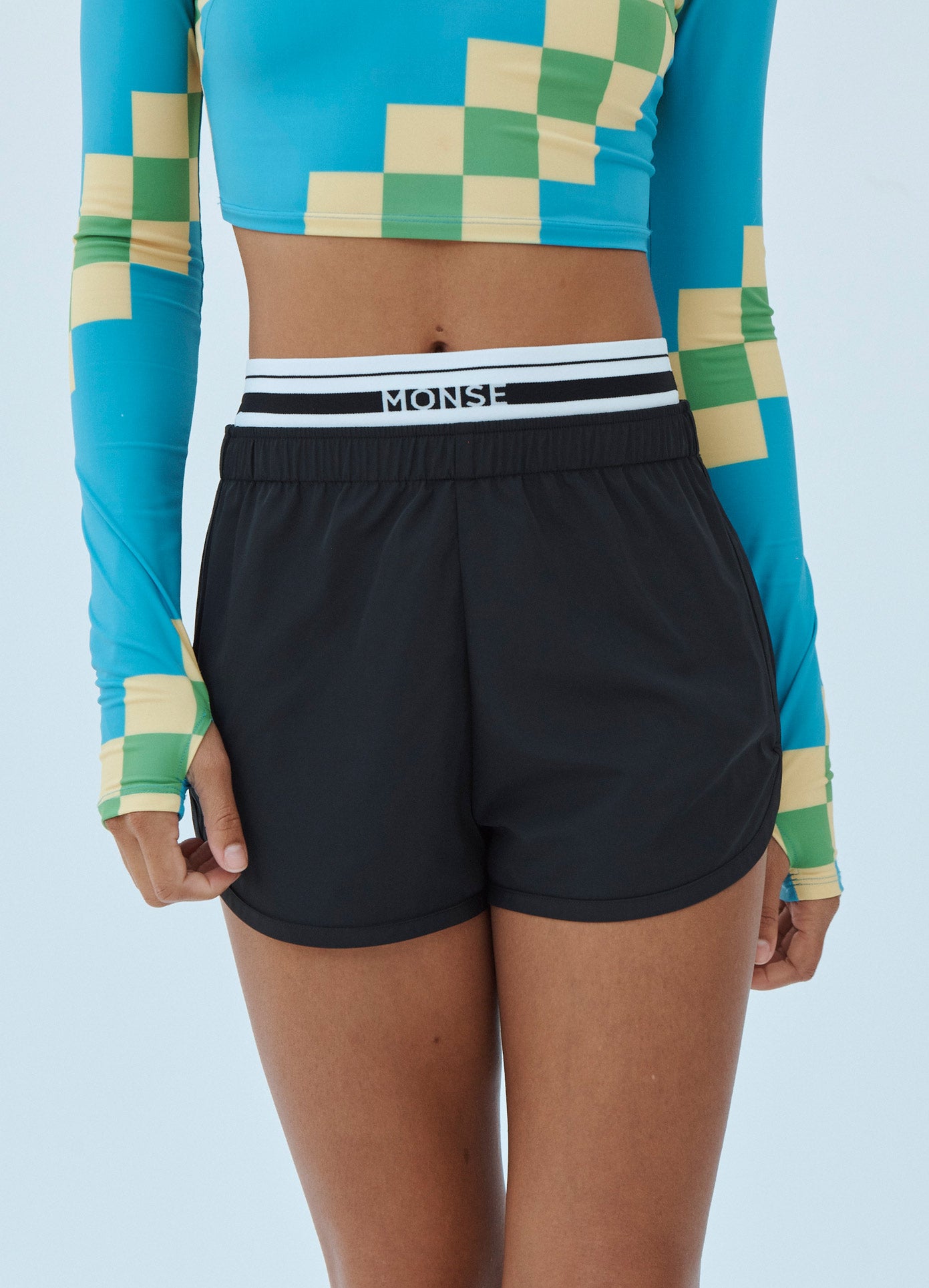 MONSE Techno Shorts with Waistband Detail in Midnight on Model Front Detail View