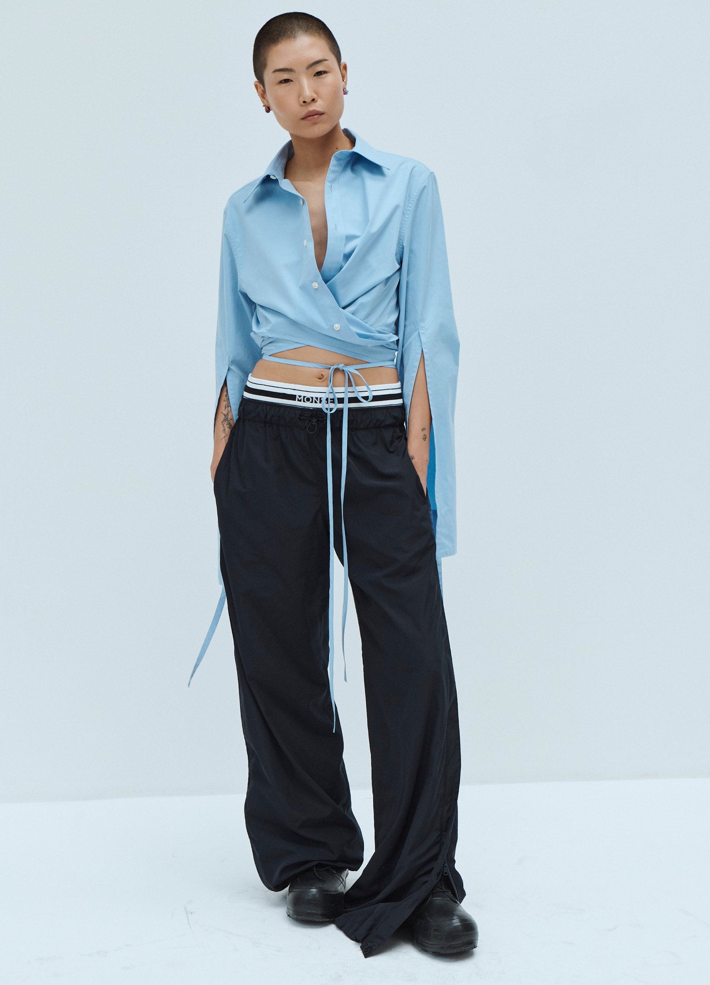 MONSE Techno Waistband Detail Parachute Pant in Black on Model Front View
