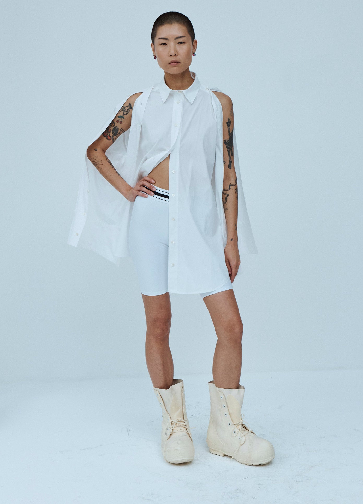 MONSE Tied Back Sleeve Shirt Dress in White on Model Front View